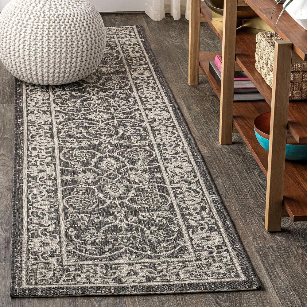 imageJONATHAN Y Vine ampamp Border Indoor Outdoor Runner Rug 2X8 NavyGray Palazzo Textured Weave for Backyard Patio Porch EasyCleaning High Traffic PetFriendly NonShedding SMB103A28BlackGray