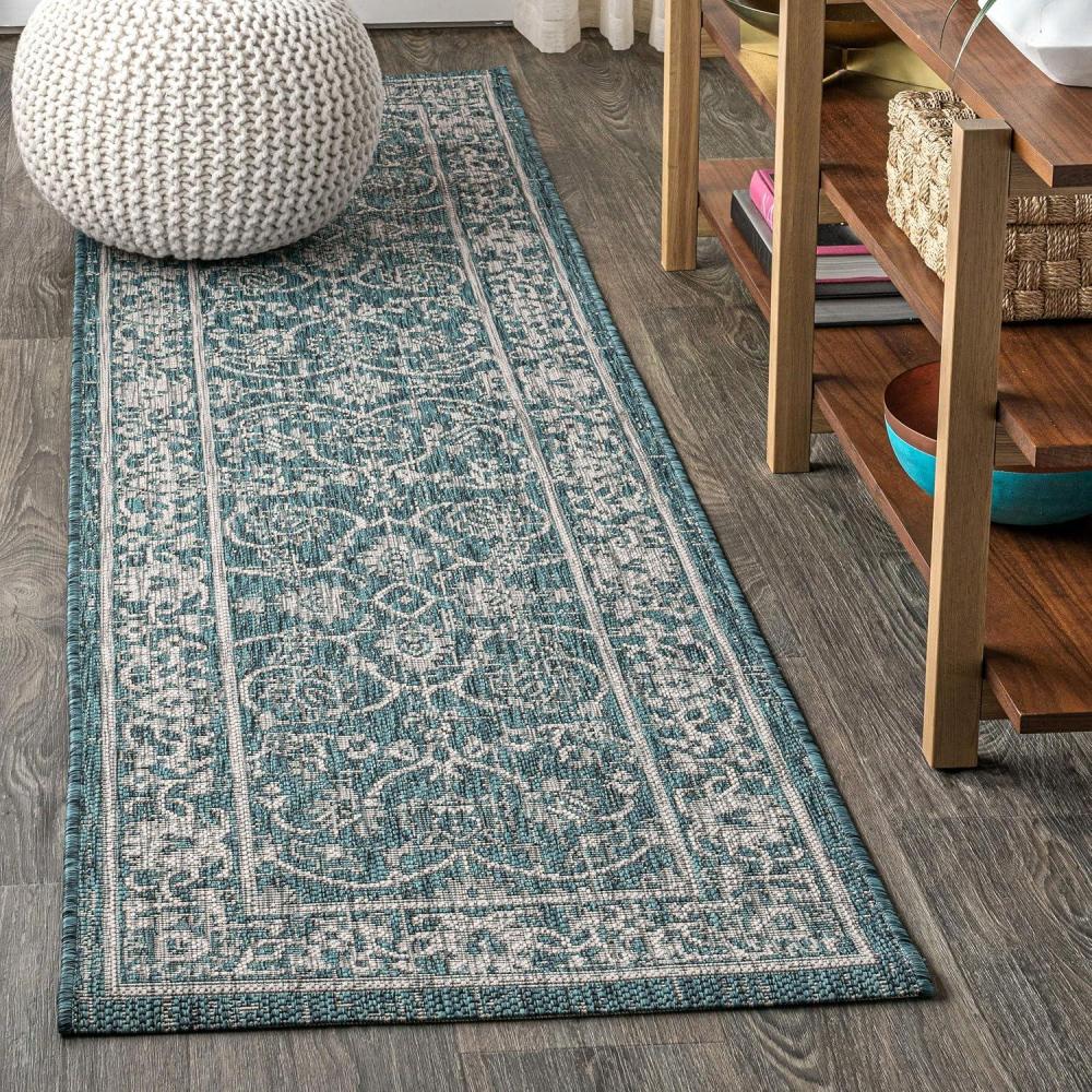 imageJONATHAN Y Vine ampamp Border Indoor Outdoor Runner Rug 2X8 NavyGray Palazzo Textured Weave for Backyard Patio Porch EasyCleaning High Traffic PetFriendly NonShedding SMB103A28TealGray