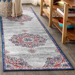 JONATHAN Y Modern Vintage Moroccan Medallion Light Gray 5′ Round Indoor Area Rug, Country, Floral, Easy-Cleaning for Living Room, Bedroom, Kitchen, Pet Friendly, Non-Shedding (MDP103B-5R)(Navy/Red)