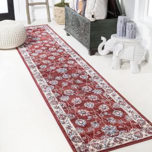 JONATHAN Y Modern Vintage Moroccan Traditional Gray/Blue 5′ Round Indoor Area Rug, Country, Floral, Easy-Cleaning for Living Room, Bedroom, Kitchen, Pet Friendly, Non-Shedding (MDP101G-5R)(Red/Ivory)