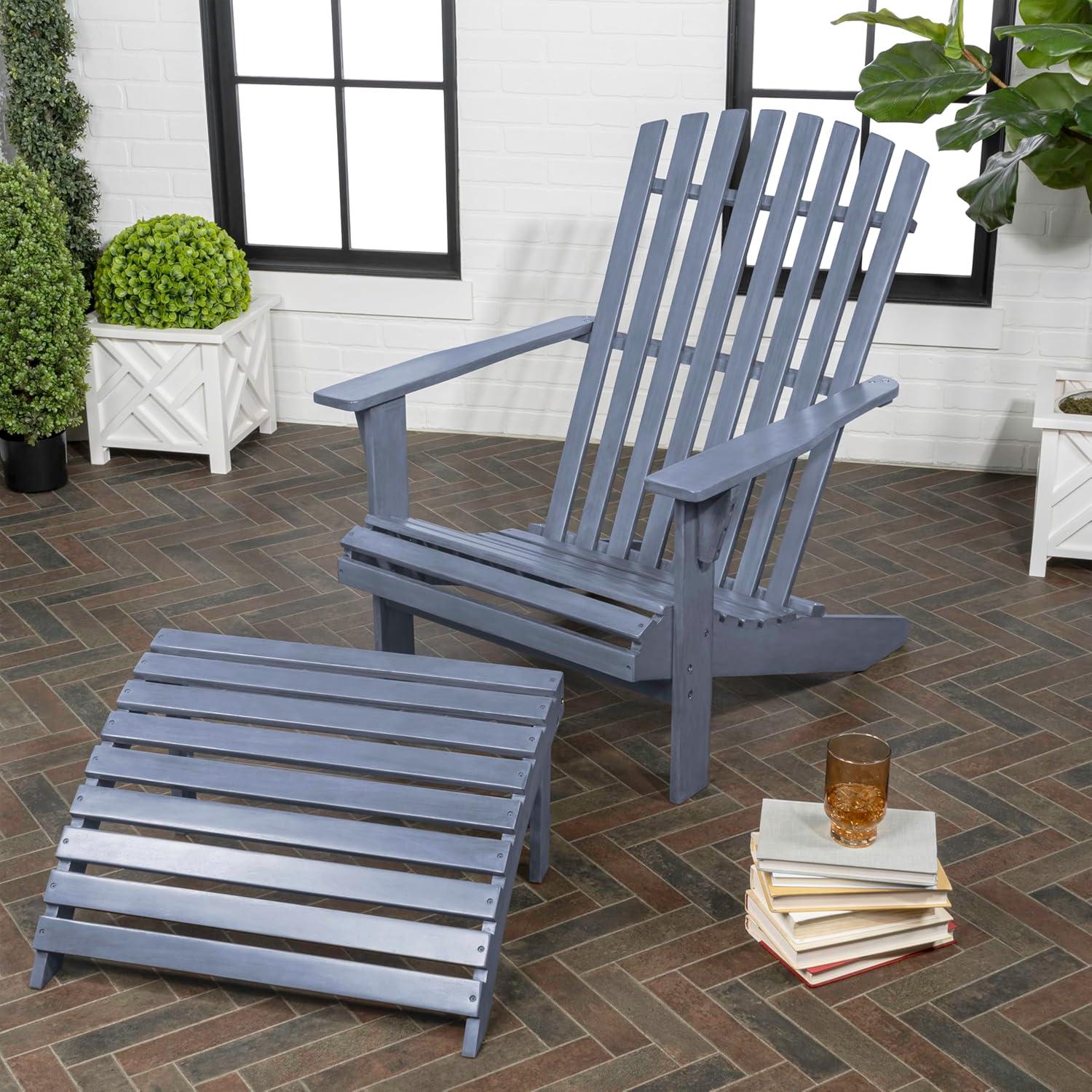 imageJONATHAN Y ADK1000D Saranac 2Piece Traditional Rustic Acacia Wood Adirondack Chair with Detachable Ottoman Classic Coastal Cottage Vintage Farmhouse WhiteCashmere Blue
