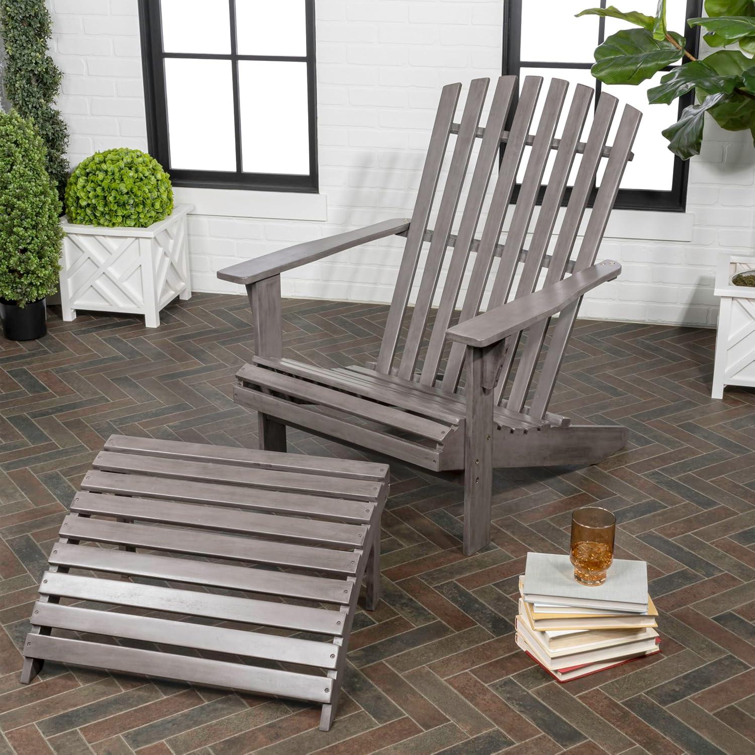 imageJONATHAN Y ADK1000D Saranac 2Piece Traditional Rustic Acacia Wood Adirondack Chair with Detachable Ottoman Classic Coastal Cottage Vintage Farmhouse WhiteGray Wash