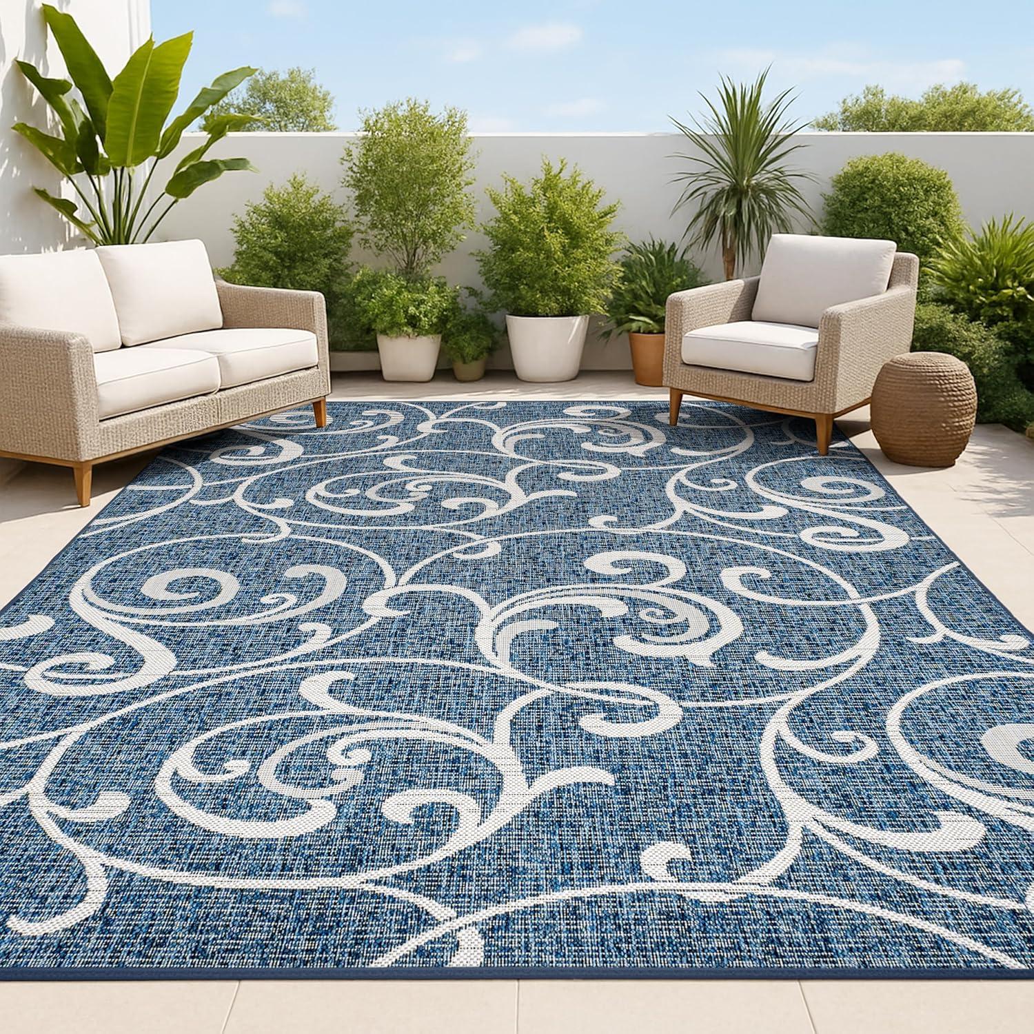 imageJONATHAN Y AllOver Scroll Indoor Outdoor Runner Rug 2X8 TurquoiseCream Maribel Traditional Classic for Backyard Patio Porch EasyCleaning High Traffic PetFriendly NonShedding TSN205E28NavyCream