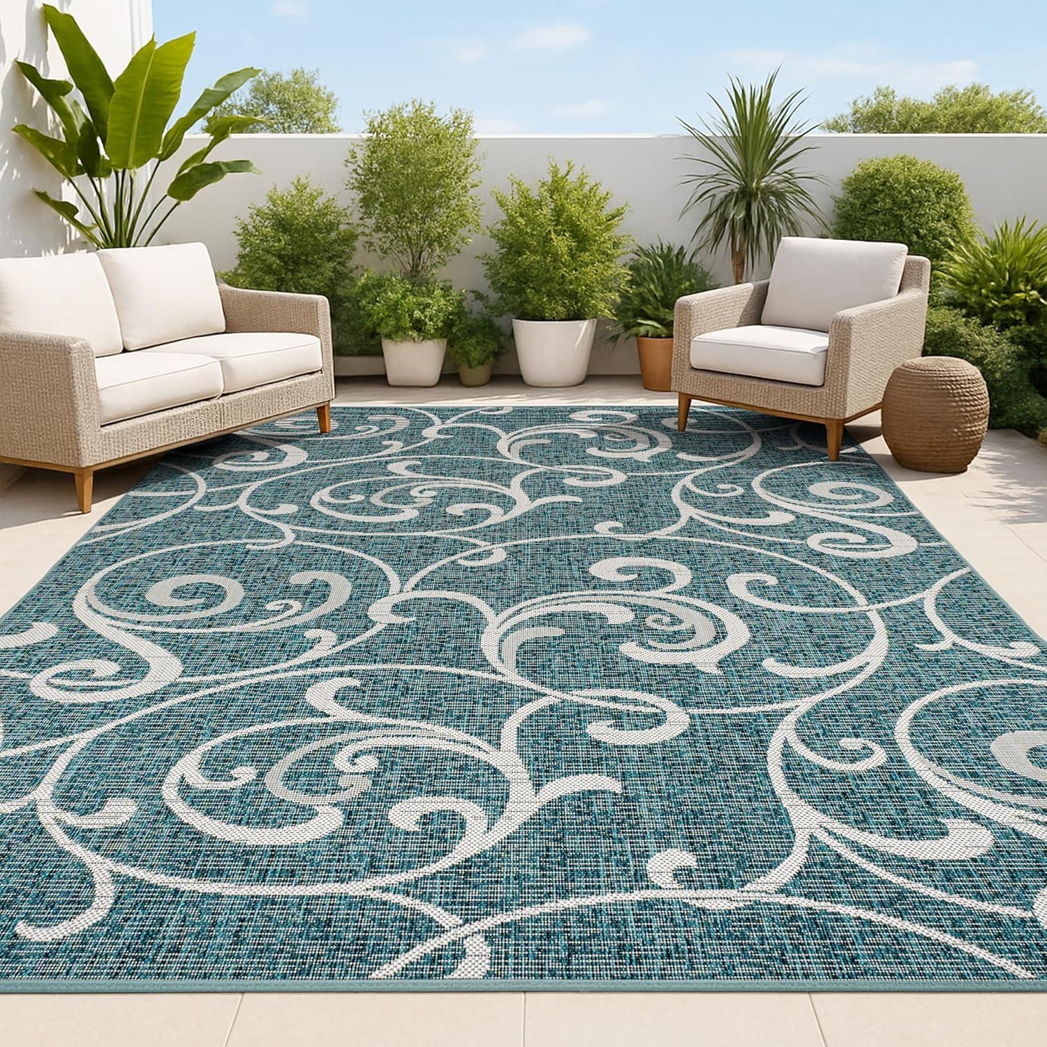 imageJONATHAN Y AllOver Scroll Indoor Outdoor Runner Rug 2X8 TurquoiseCream Maribel Traditional Classic for Backyard Patio Porch EasyCleaning High Traffic PetFriendly NonShedding TSN205E28TurquoiseCream
