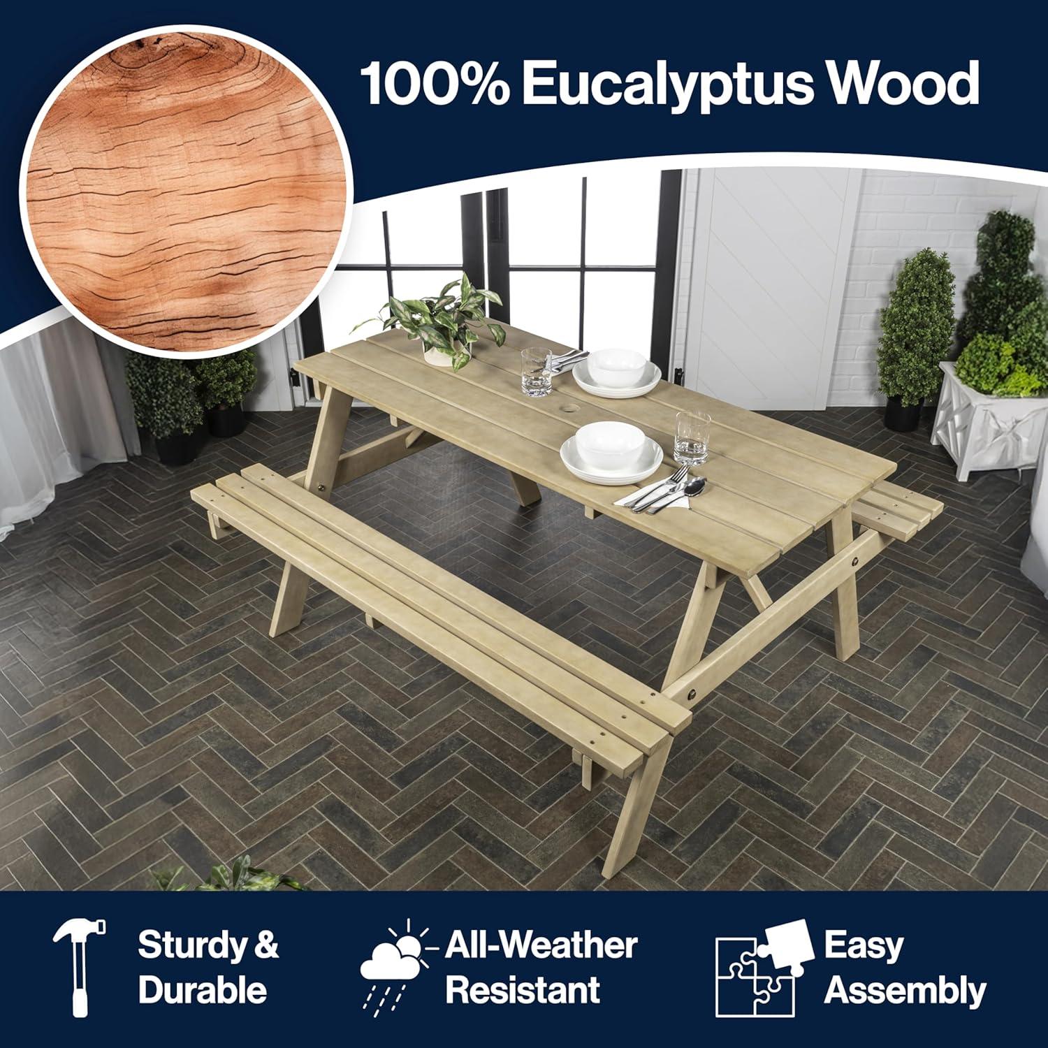 imageJONATHAN Y BNH200ANEW Shoreham 55quot Modern Classic Outdoor Wood Picnic Table Benches with Umbrella Hole Traditional Coastal MidCentury Vintage Farmhouse Teak BrownLight Teak