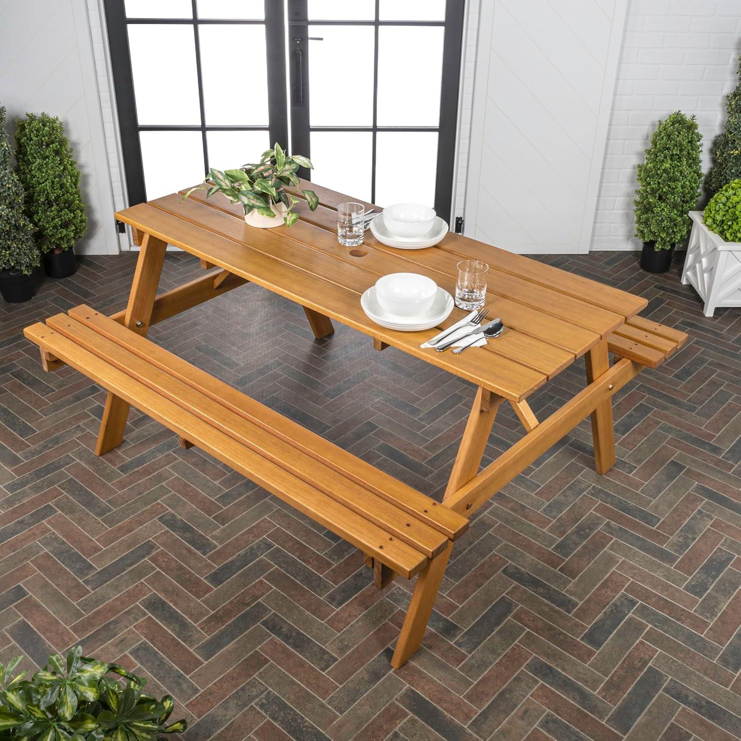 imageJONATHAN Y BNH200ANEW Shoreham 55quot Modern Classic Outdoor Wood Picnic Table Benches with Umbrella Hole Traditional Coastal MidCentury Vintage Farmhouse Teak BrownTeak Brown