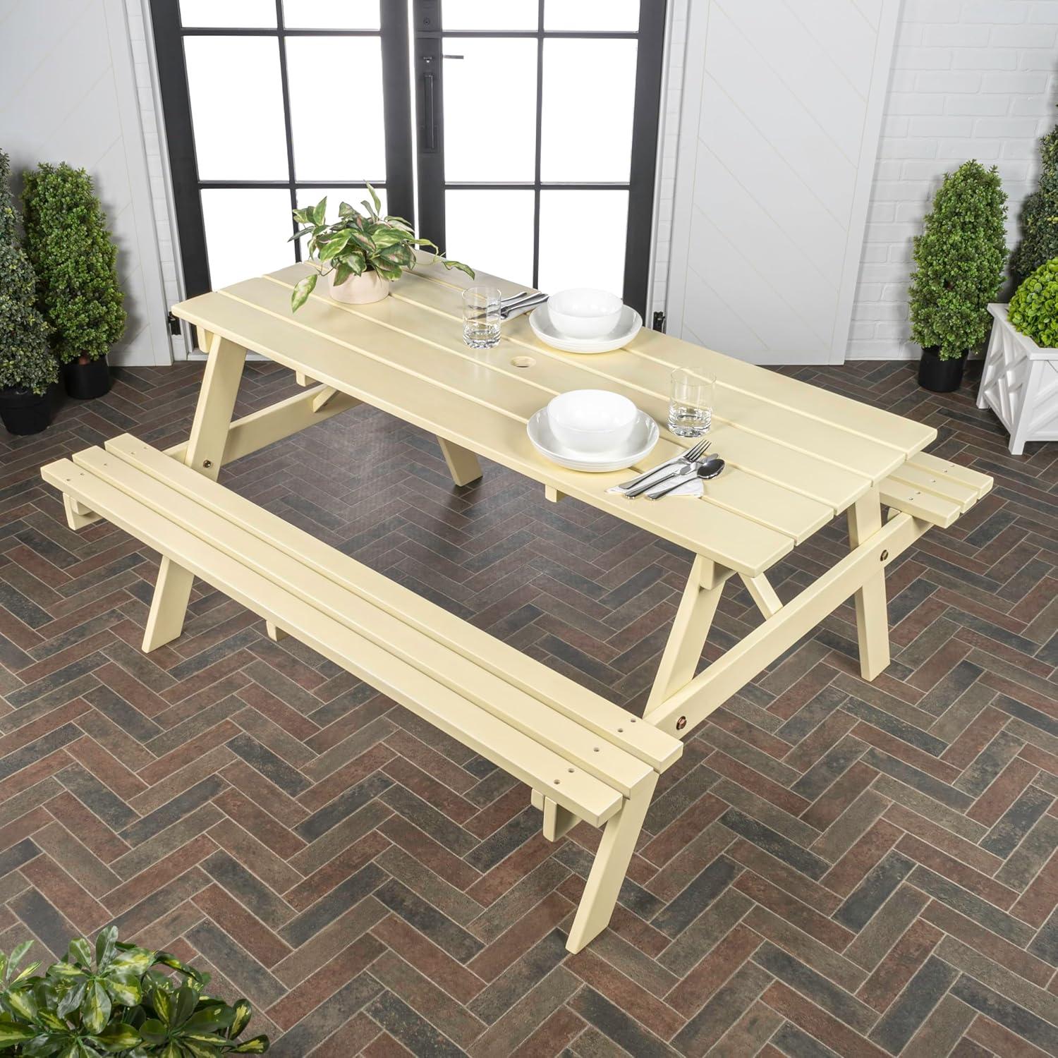 imageJONATHAN Y BNH200ANEW Shoreham 55quot Modern Classic Outdoor Wood Picnic Table Benches with Umbrella Hole Traditional Coastal MidCentury Vintage Farmhouse Teak BrownAlmond