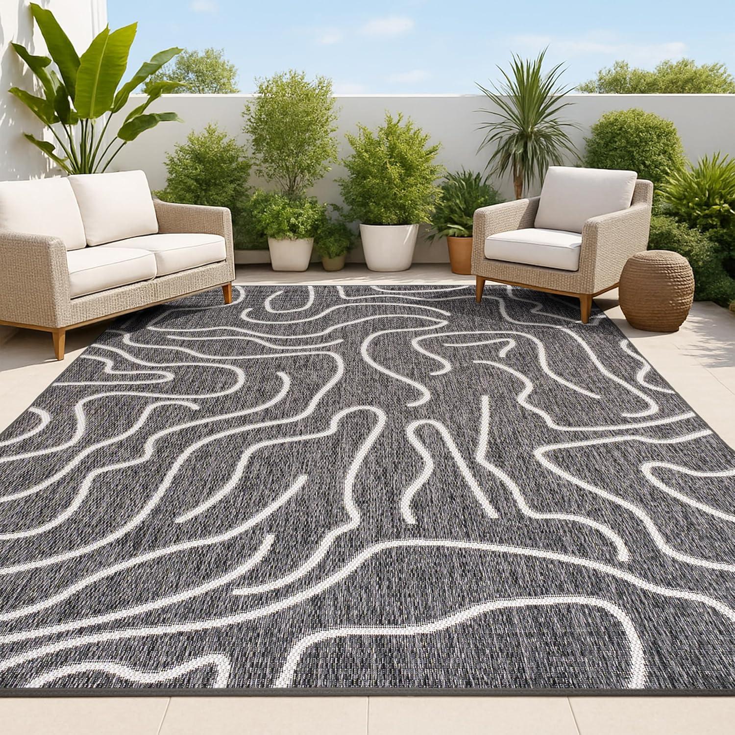 imageJONATHAN Y Coastal Organic Shapes Indoor Outdoor Area Rug 8X10 BlackCream Nolan Modern for Backyard Patio Porch EasyCleaning High Traffic PetFriendly NonShedding TSN307B8BlackCream