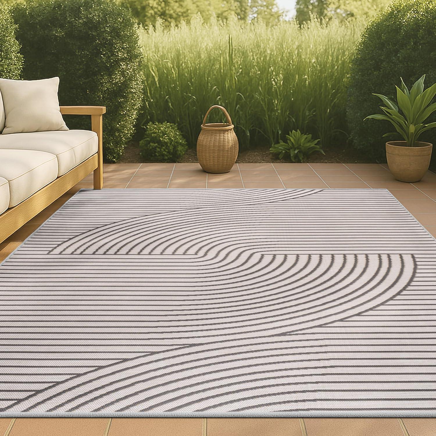imageJONATHAN Y Curve Stripe Reversible Washable Indoor Outdoor Area Rug 8X10 Dark GrayCream Arielle MidCentury Modern for Backyard Patio Porch EasyCleaning PetFriendly NonShedding SVH109A8Dark GreyCream
