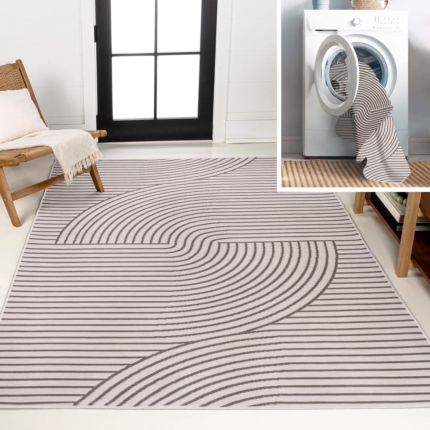 imageJONATHAN Y Curve Stripe Reversible Washable Indoor Outdoor Area Rug 8X10 Dark GrayCream Arielle MidCentury Modern for Backyard Patio Porch EasyCleaning PetFriendly NonShedding SVH109A8Dark GreyCream