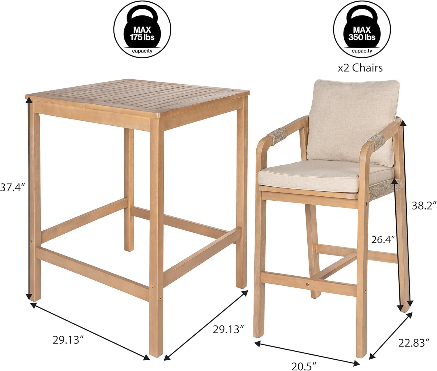 imageJONATHAN Y DNG2000A3SET Porto Modern Coastal 3Piece Acacia Wood Outdoor Bar Set with Cushions Contemporary Transitional Rustic Bohemian Cottage BeigeLight TeakBeigeLight Teak