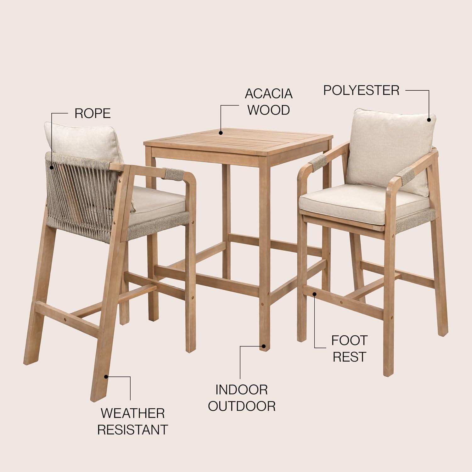 imageJONATHAN Y DNG2000A3SET Porto Modern Coastal 3Piece Acacia Wood Outdoor Bar Set with Cushions Contemporary Transitional Rustic Bohemian Cottage BeigeLight TeakBeigeLight Teak