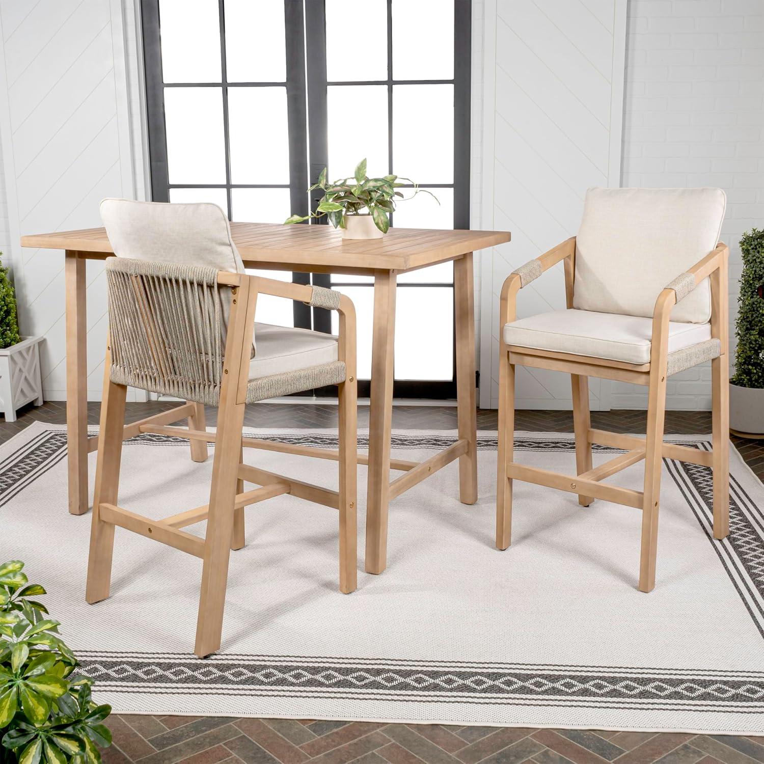 imageJONATHAN Y DNG2000A3SET Porto Modern Coastal 3Piece Acacia Wood Outdoor Bar Set with Cushions Contemporary Transitional Rustic Bohemian Cottage BeigeLight TeakBeigeLight Teak