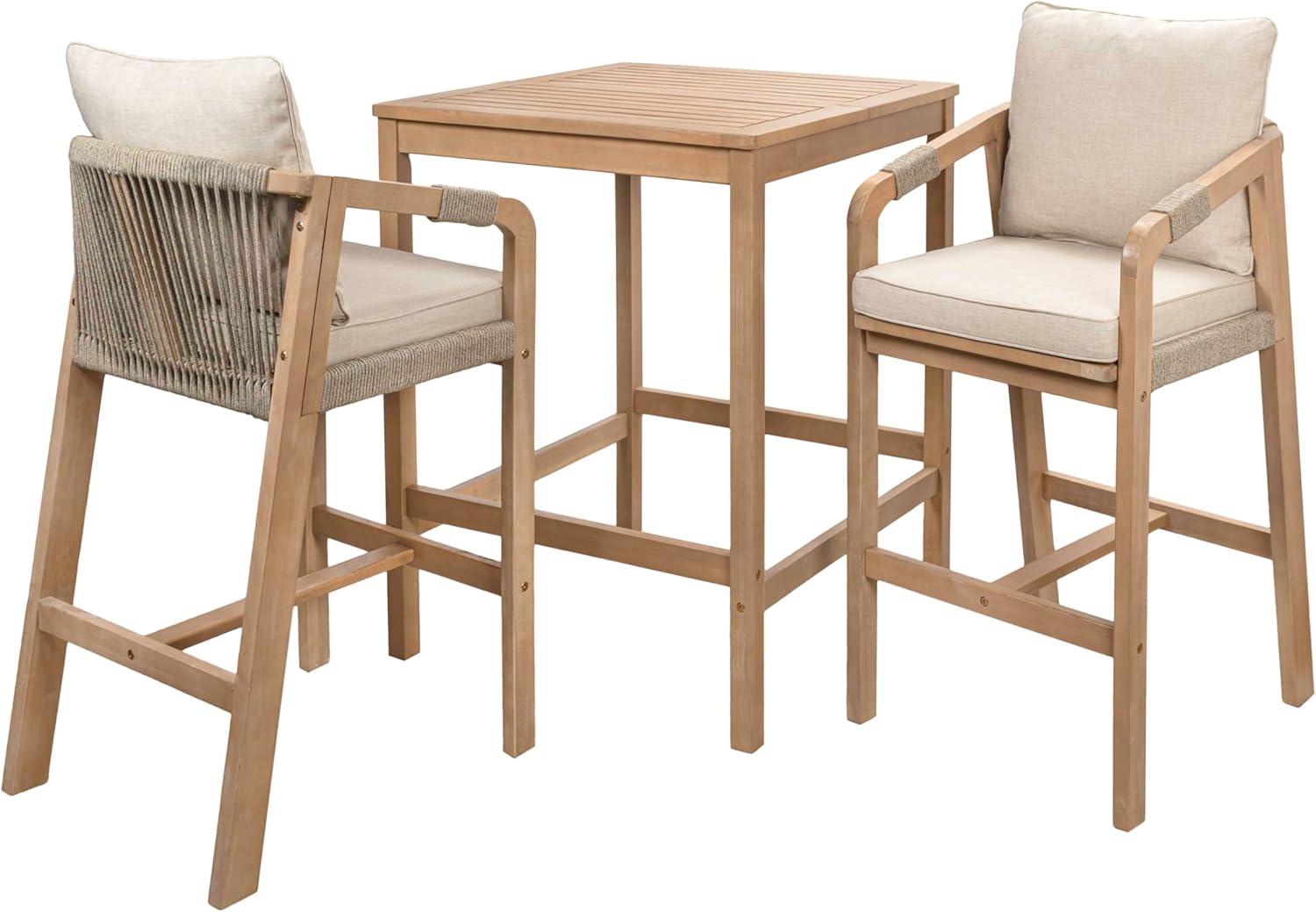 imageJONATHAN Y DNG2000A3SET Porto Modern Coastal 3Piece Acacia Wood Outdoor Bar Set with Cushions Contemporary Transitional Rustic Bohemian Cottage BeigeLight TeakBeigeLight Teak