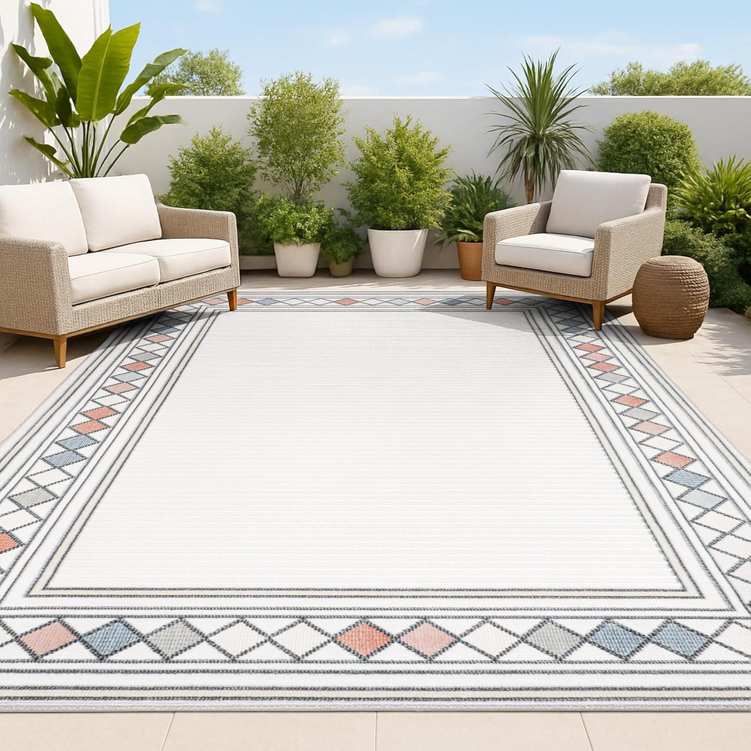 imageJONATHAN Y Diamond Border Indoor Outdoor Runner Rug 2X8 OrangeIvory Sebastian HighLow Modern for Backyard Patio Porch EasyCleaning High Traffic PetFriendly NonShedding HWC102C28IvoryBeige