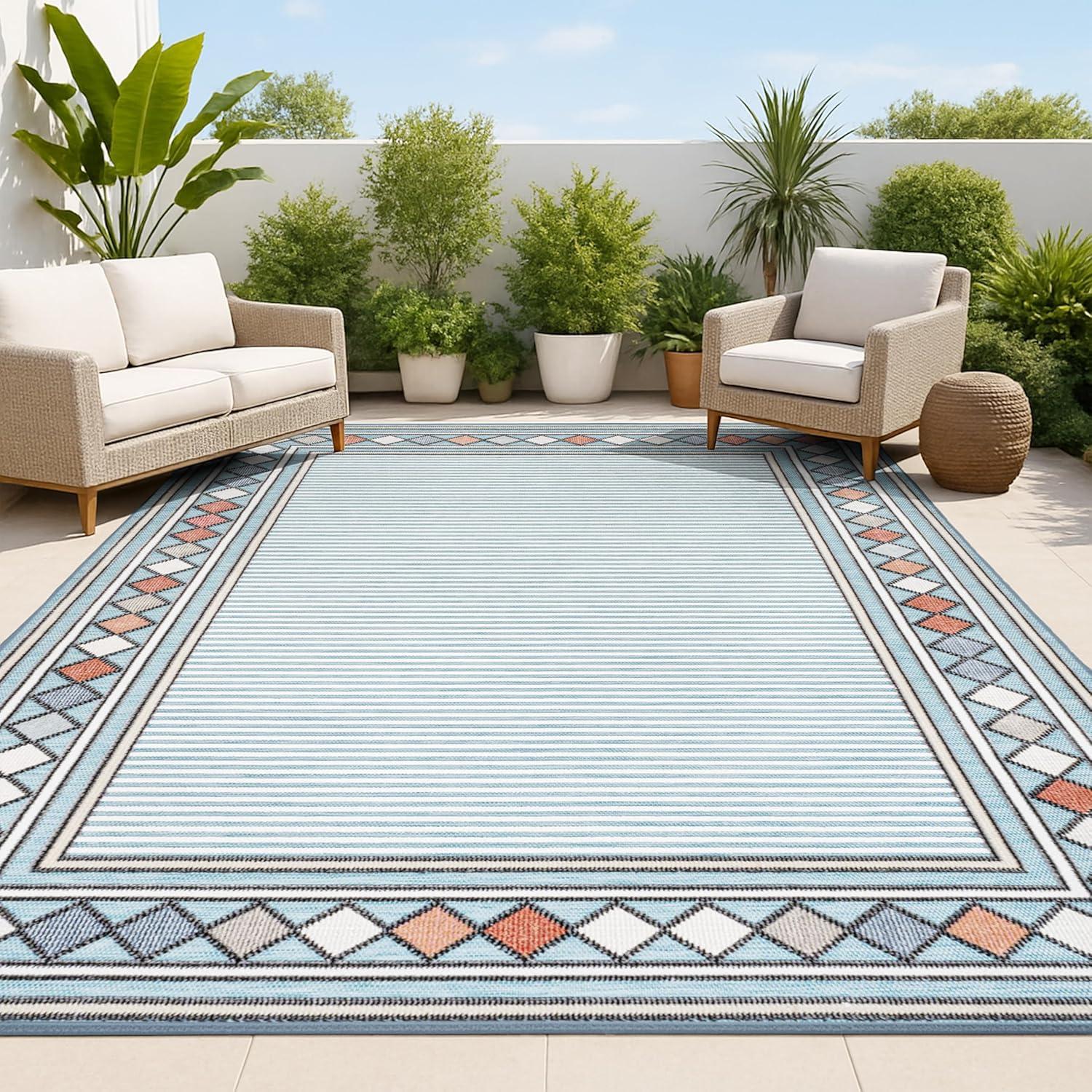 imageJONATHAN Y Diamond Border Indoor Outdoor Runner Rug 2X8 OrangeIvory Sebastian HighLow Modern for Backyard Patio Porch EasyCleaning High Traffic PetFriendly NonShedding HWC102C28BlueIvory