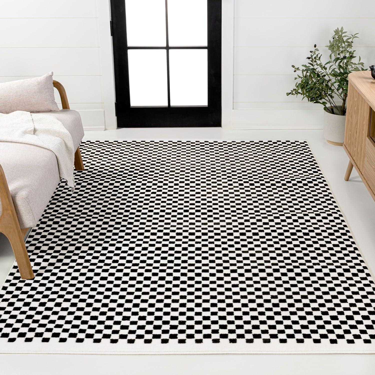 imageJONATHAN Y Finn HighLow Checkered Monotone IvoryCream 3x5 IndoorOutdoor Area Rug Modern Minimalist for Patio Backyard Living Room Bedroom Office HoseWashable SCN108A3BlackWhite