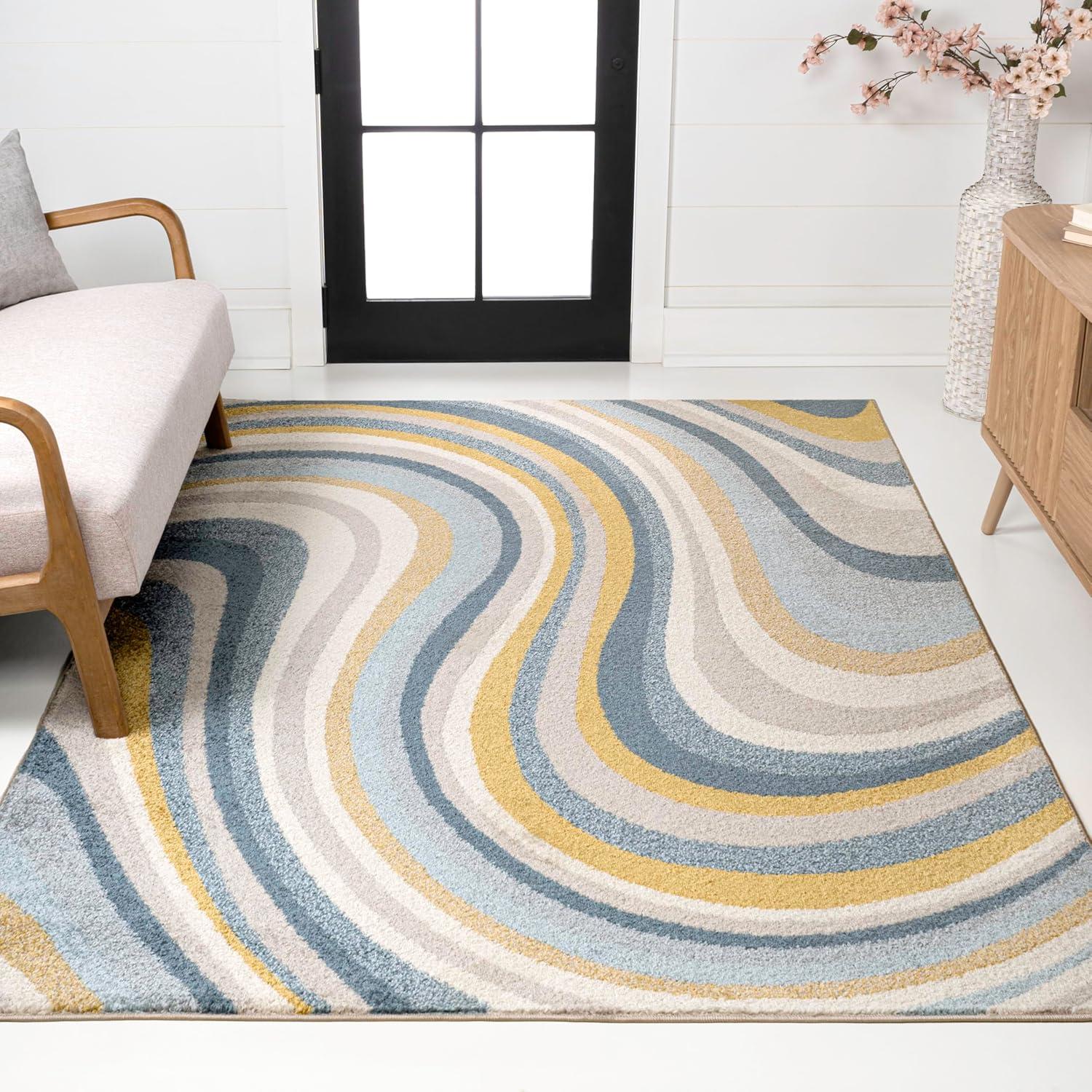 imageJONATHAN Y Flow Abstract Swirl Indoor Area Rug 8x10 BlueMustardGray Modern Coastal EasyCleaning for Living Room Bedroom Kitchen Pet Friendly NonShedding DZC100C8BlueMustardGray