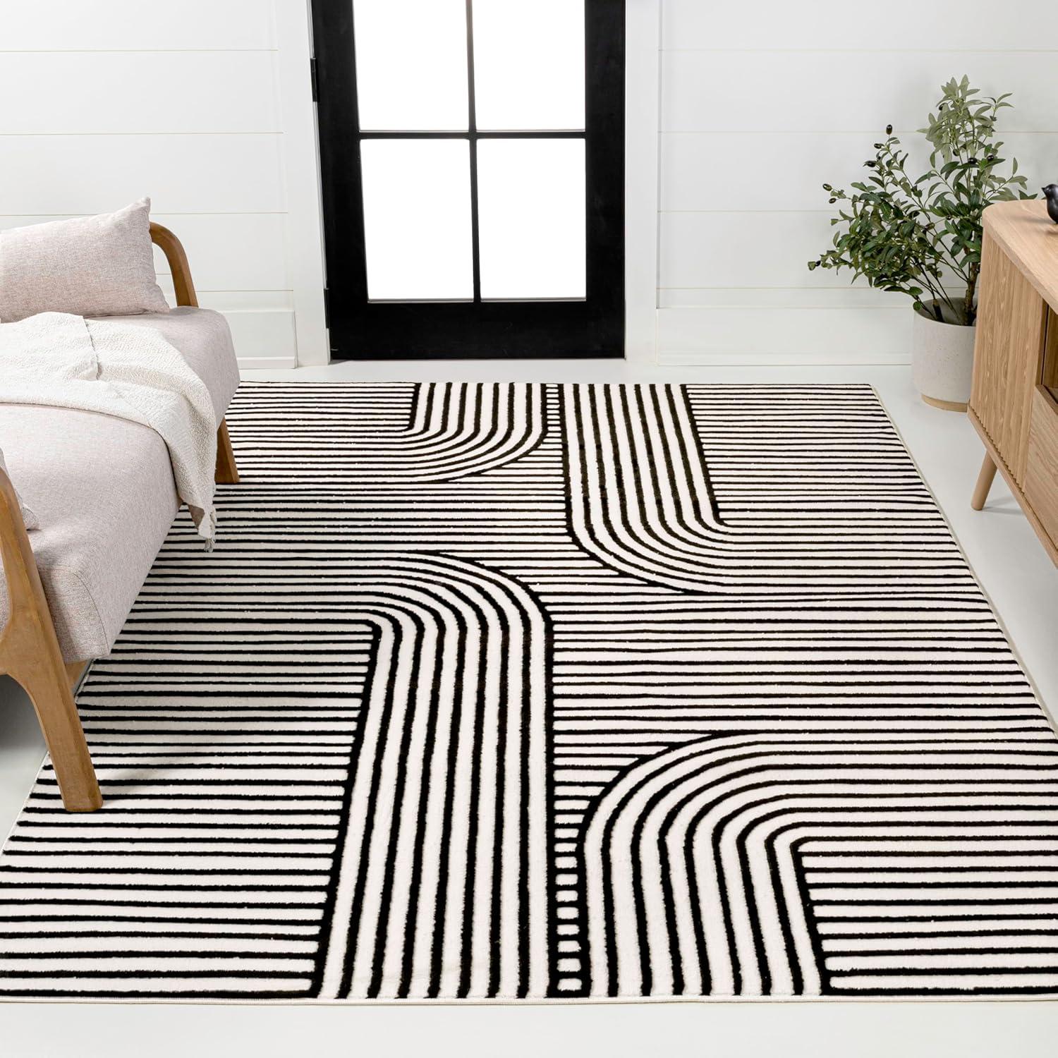 imageJONATHAN Y HighLow Arch Stripe TwoTone NavyCream 8x10 IndoorOutdoor Area Rug Anders MidCentury Modern for Patio Backyard Living Room Bedroom Office HoseWashable SCN107A8BlackWhite