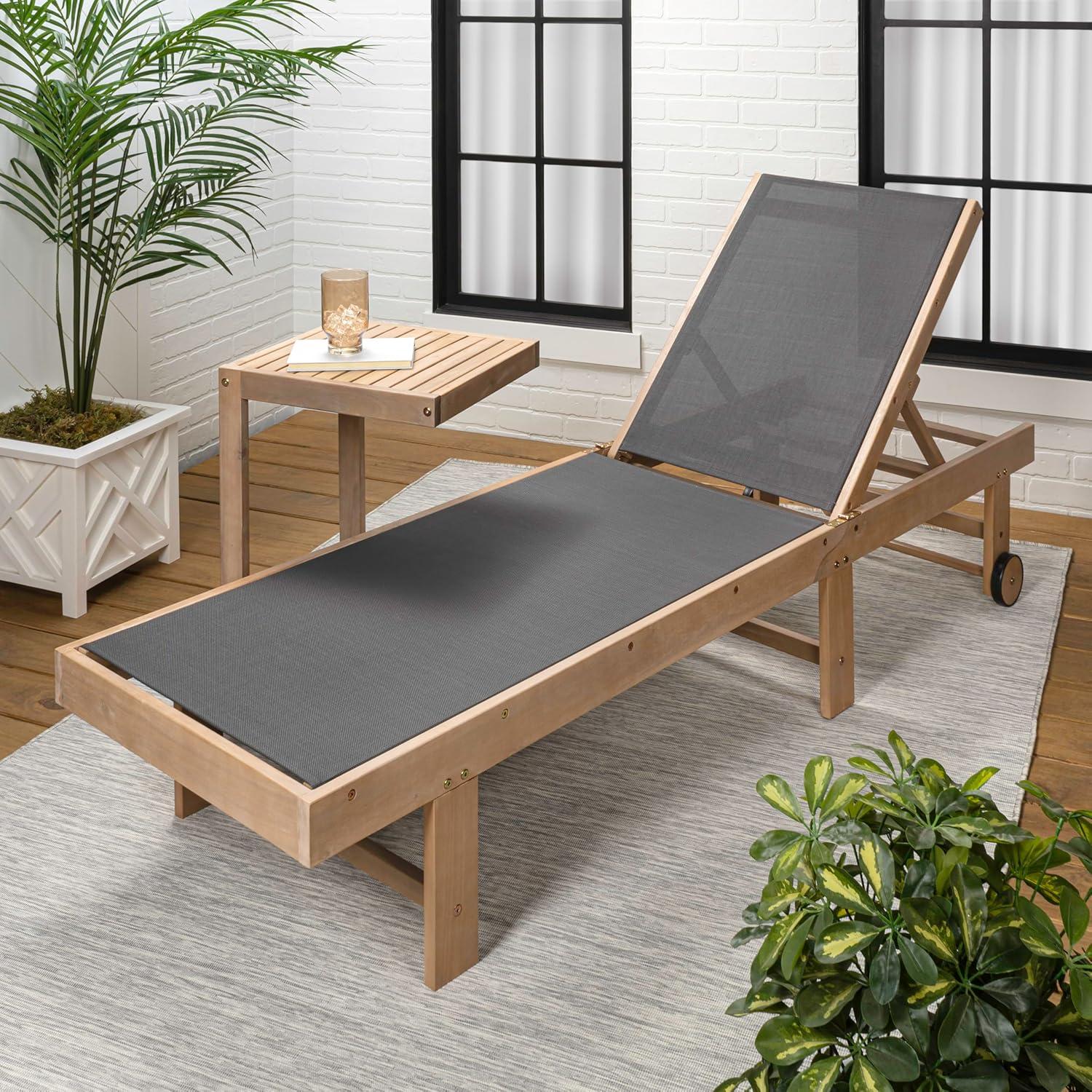 imageJONATHAN Y LNG1100A2SET Trabuco Coastal Modern Acacia Wood Mesh 3Position Outdoor Chaise Lounge Set with Side Table Transitional Classic Minimalist Traditional Contemporary Dark GrayTeak BrownDark GrayLight Teak