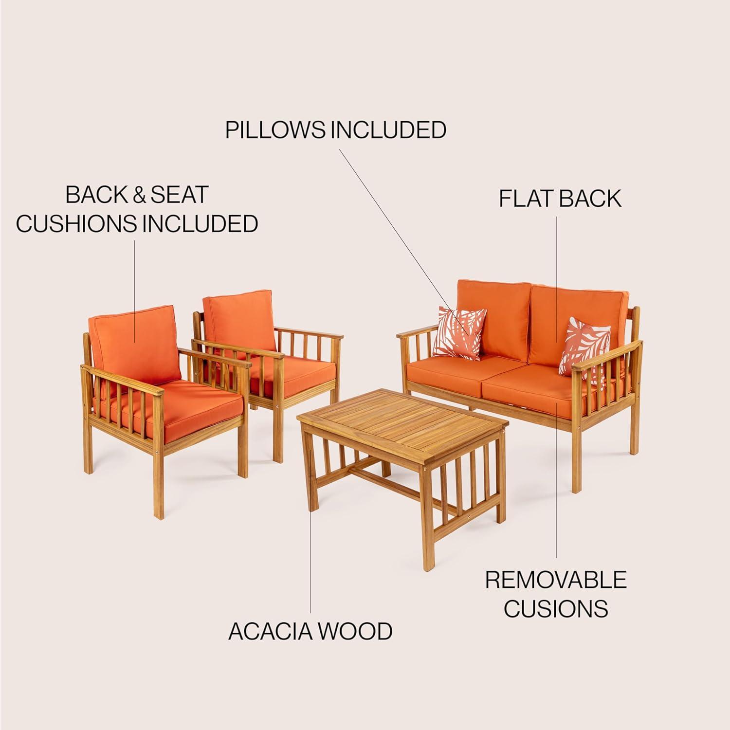 imageJONATHAN Y LVG1201A4SET Everly 4Piece Modern Cottage Acacia Wood Outdoor Patio Set with Cushions and Tropical Decorative Pillows Classic Coastal Traditional Vintage MidCentury GrayTeak BrownOrangeTeak Brown