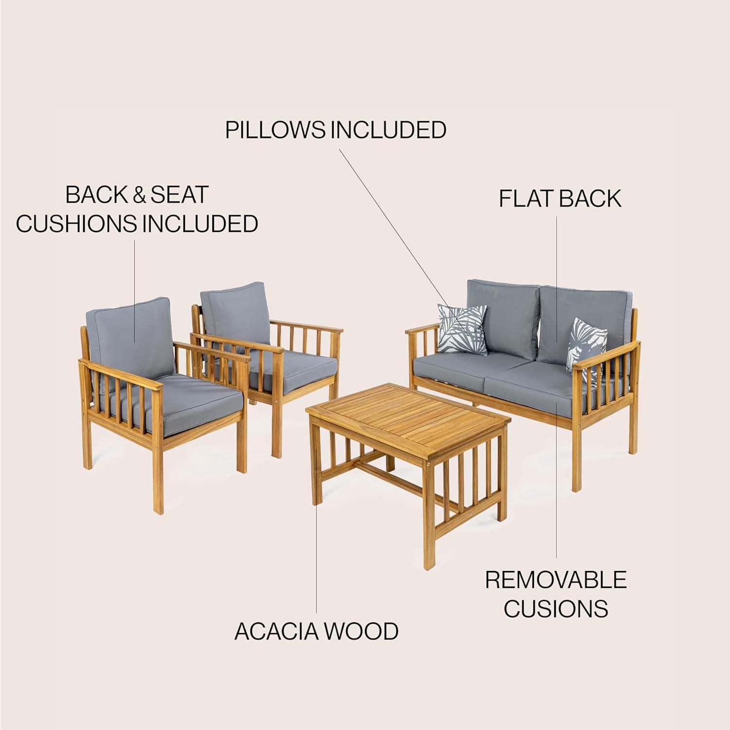 imageJONATHAN Y LVG1201A4SET Everly 4Piece Modern Cottage Acacia Wood Outdoor Patio Set with Cushions and Tropical Decorative Pillows Classic Coastal Traditional Vintage MidCentury GrayTeak BrownGrayTeak Brown