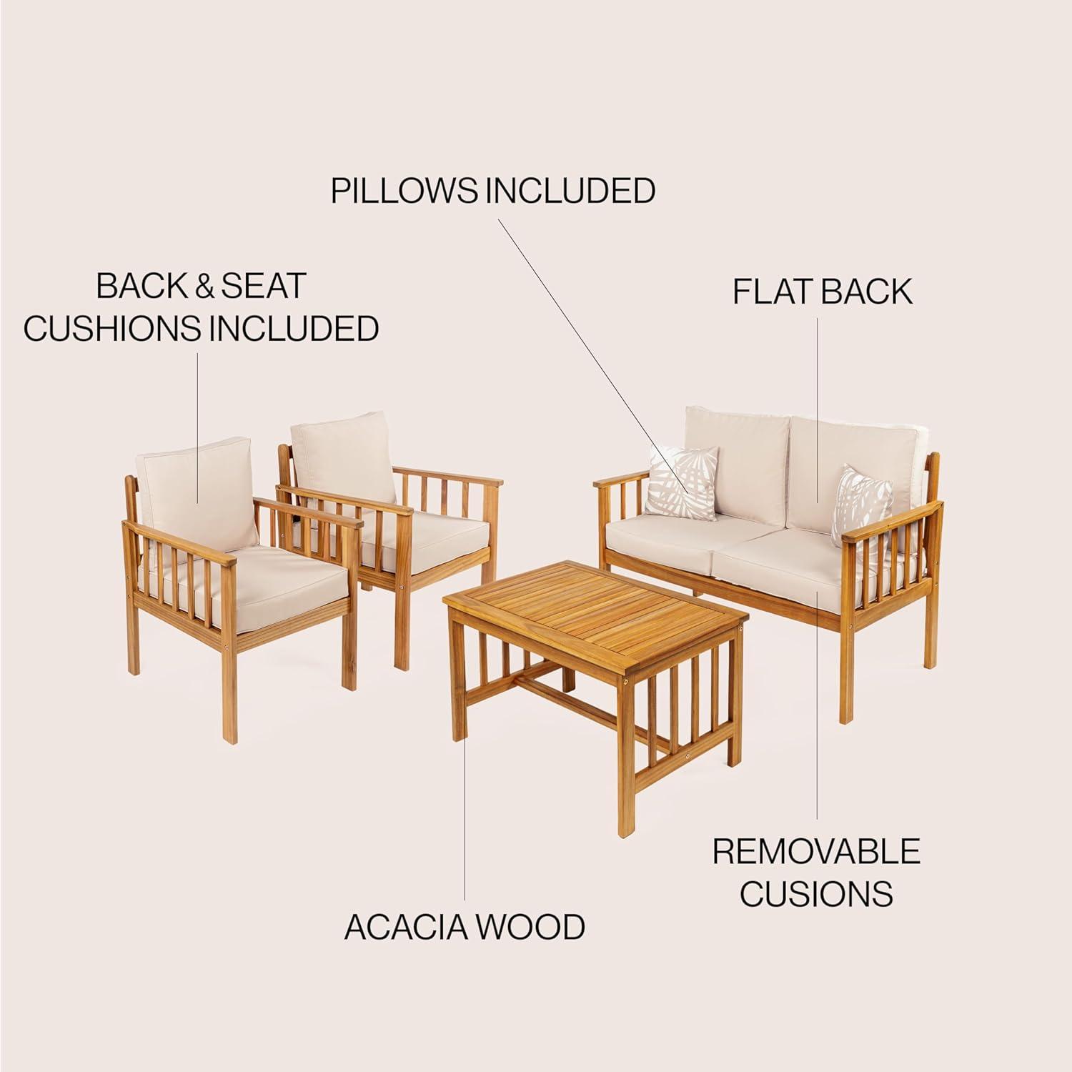 imageJONATHAN Y LVG1201A4SET Everly 4Piece Modern Cottage Acacia Wood Outdoor Patio Set with Cushions and Tropical Decorative Pillows Classic Coastal Traditional Vintage MidCentury GrayTeak BrownBeigeTeak Brown