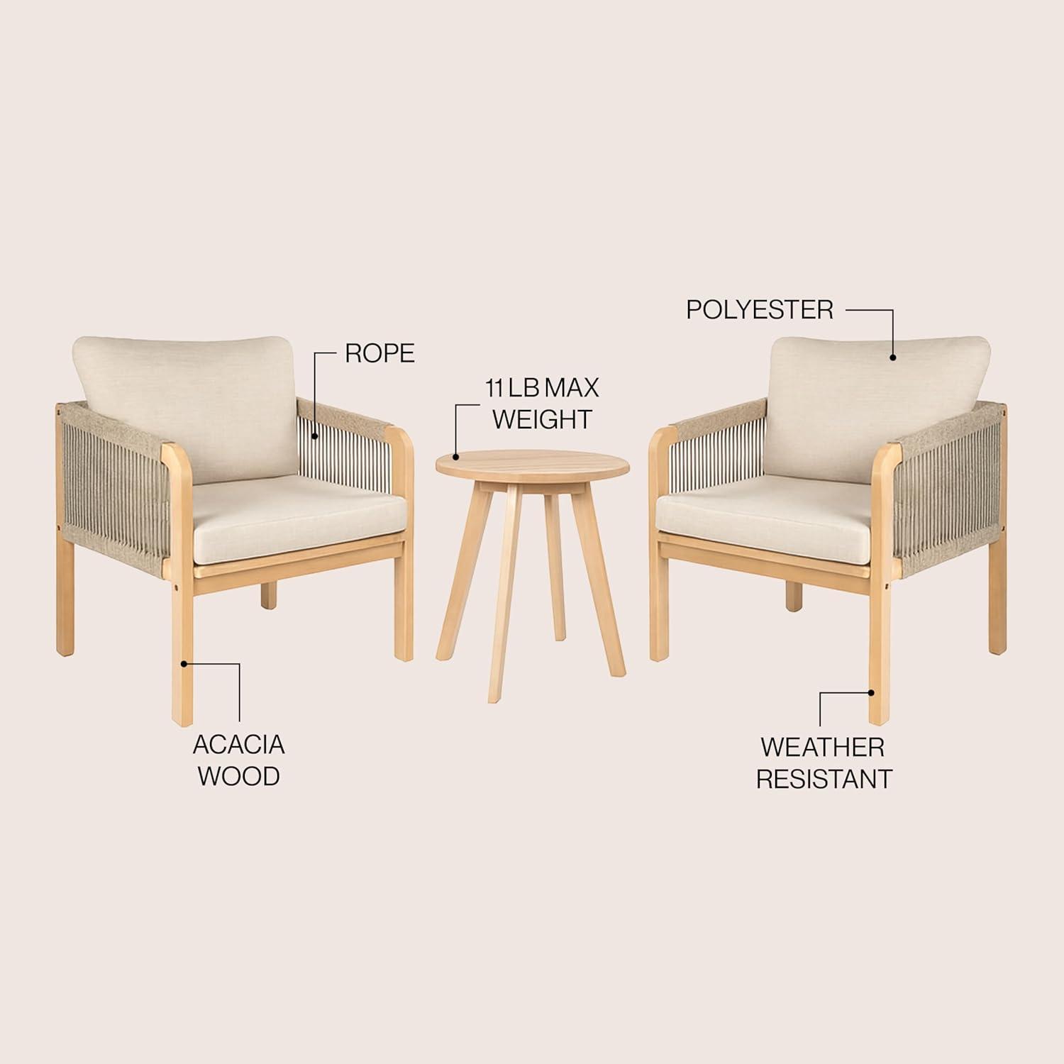 imageJONATHAN Y LVG1203A3SET Aveiro 3Piece Modern Bohemian Roped Acacia Wood Conversation Outdoor Patio Set with Cushions Coastal Contemporary Transitional Rustic Cottage BeigeLight TeakBeigeLight Teak