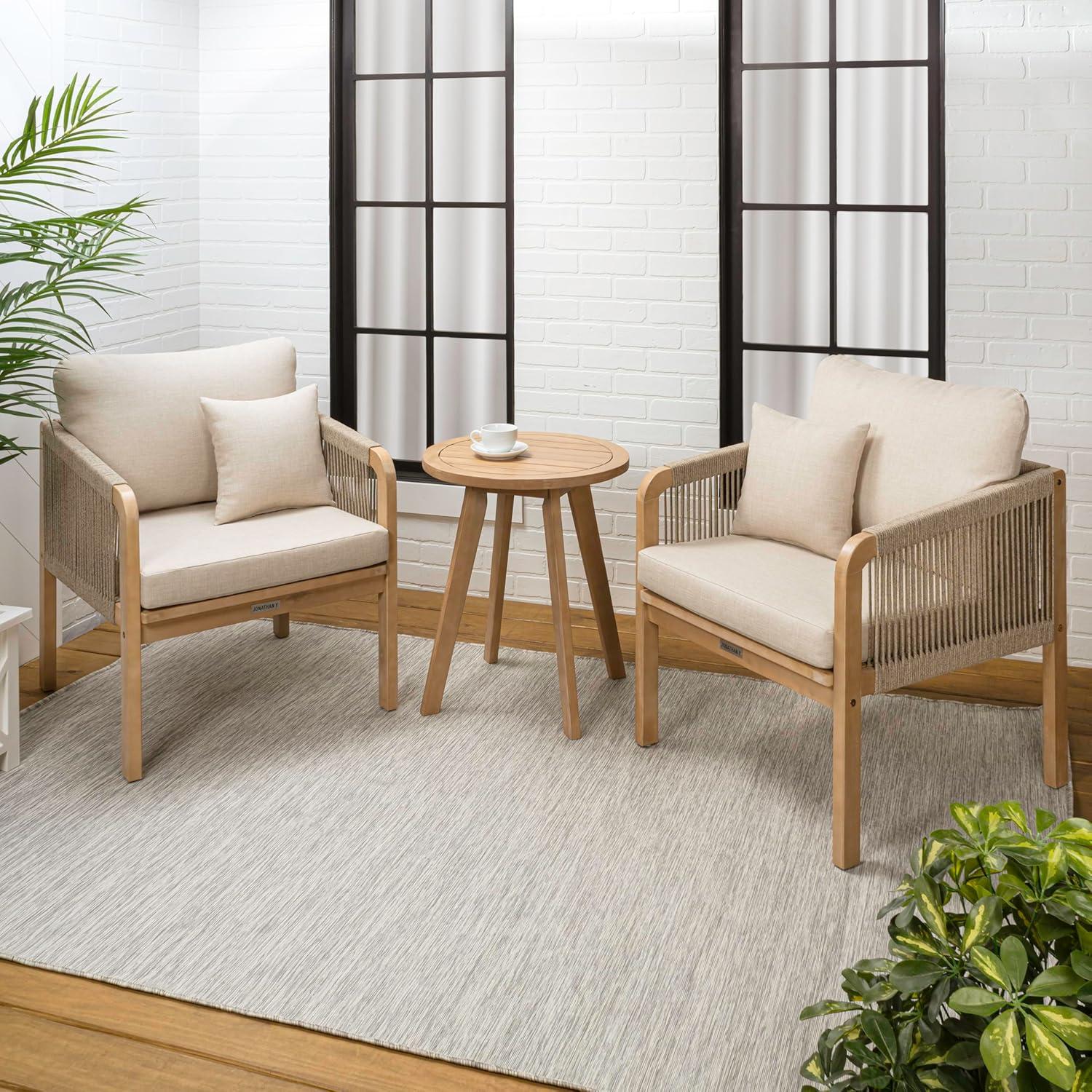 imageJONATHAN Y LVG1203A3SET Aveiro 3Piece Modern Bohemian Roped Acacia Wood Conversation Outdoor Patio Set with Cushions Coastal Contemporary Transitional Rustic Cottage BeigeLight TeakBeigeLight Teak