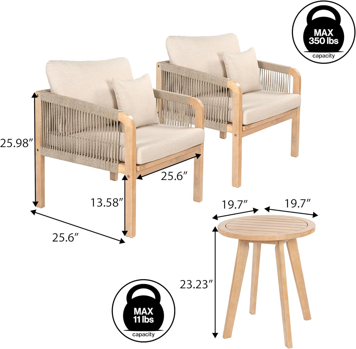 imageJONATHAN Y LVG1203A3SET Aveiro 3Piece Modern Bohemian Roped Acacia Wood Conversation Outdoor Patio Set with Cushions Coastal Contemporary Transitional Rustic Cottage BeigeLight TeakBeigeLight Teak