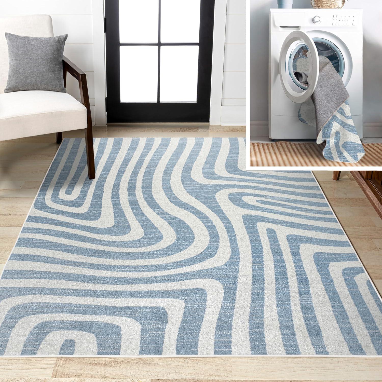 imageJONATHAN Y Machine Washable Indoor Area Rug 8X10 Dark GrayCream Shutter Minimalist Striped Plaid for Living Room Bedroom Kitchen Office EasyCleaning PetFriendly NonShedding WSH305A8Maze BlueCream