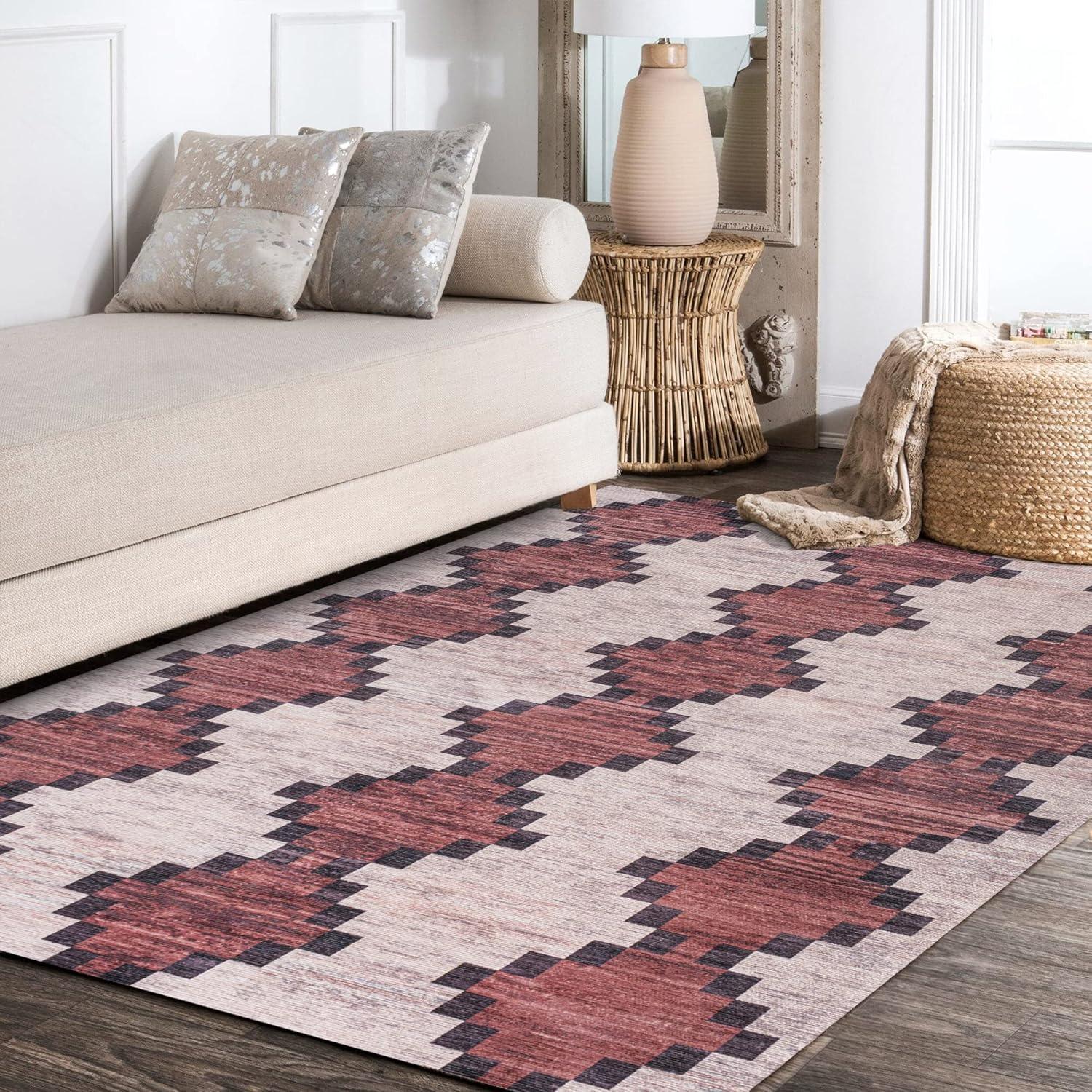imageJONATHAN Y Machine Washable IvoryNavy Indoor Area Rug 8X10 ft Siksak Modern Chevron Border for Living Room Bedroom Kitchen Office EasyCleaning PetFriendly NonShedding WSH124A8RedIvory