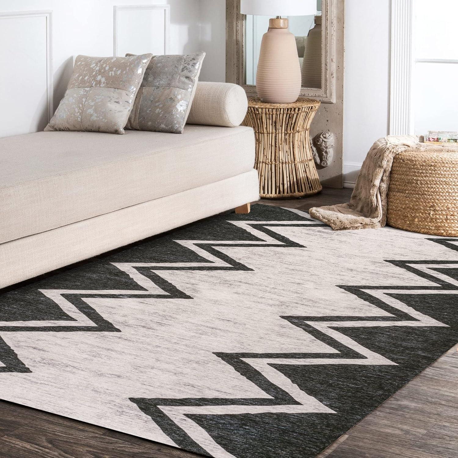 imageJONATHAN Y Machine Washable IvoryNavy Indoor Area Rug 8X10 ft Siksak Modern Chevron Border for Living Room Bedroom Kitchen Office EasyCleaning PetFriendly NonShedding WSH124A8IvoryNavy