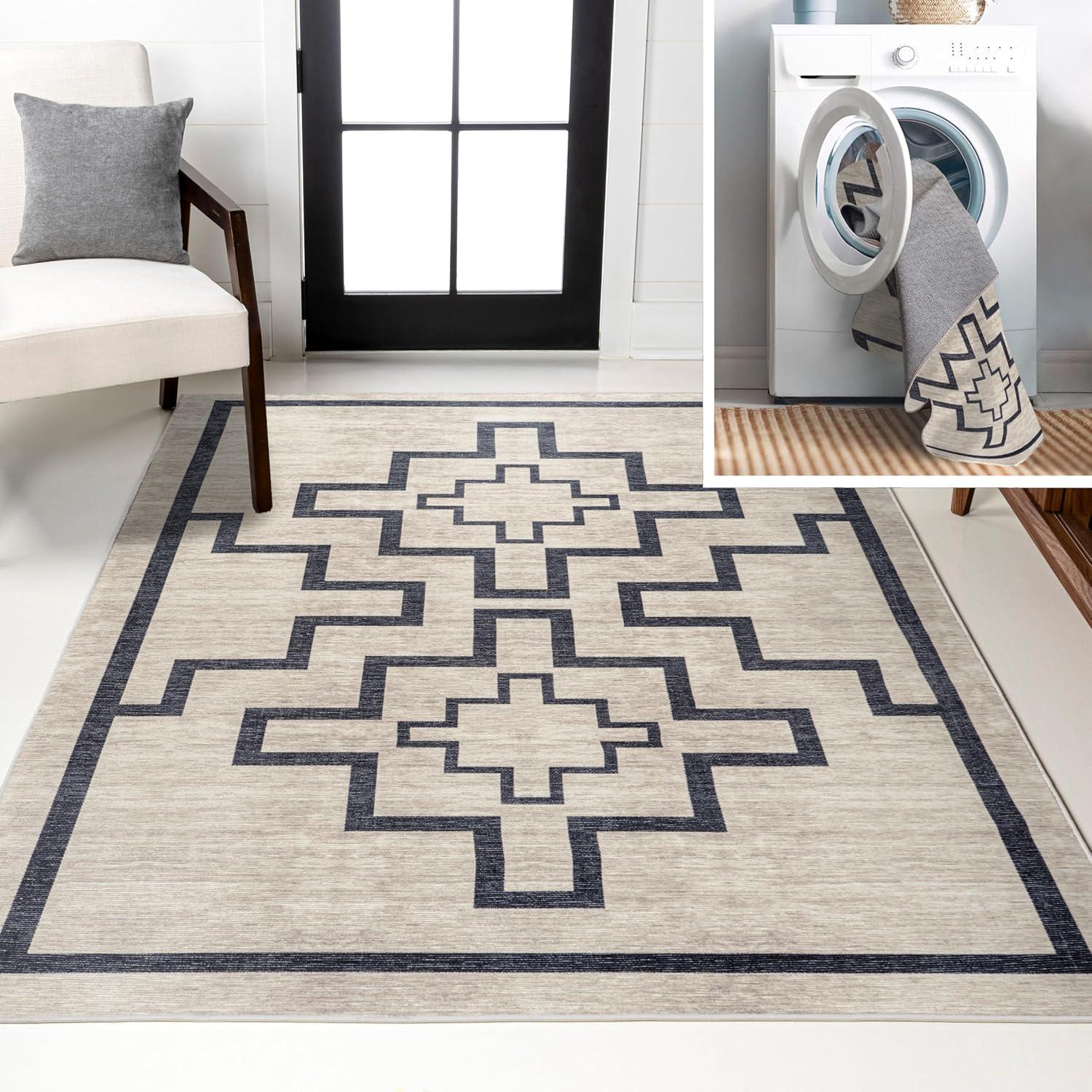 imageJONATHAN Y Machine Washable IvoryNavy Indoor Area Rug 8X10 ft Siksak Modern Chevron Border for Living Room Bedroom Kitchen Office EasyCleaning PetFriendly NonShedding WSH124A8IvoryDark Gray