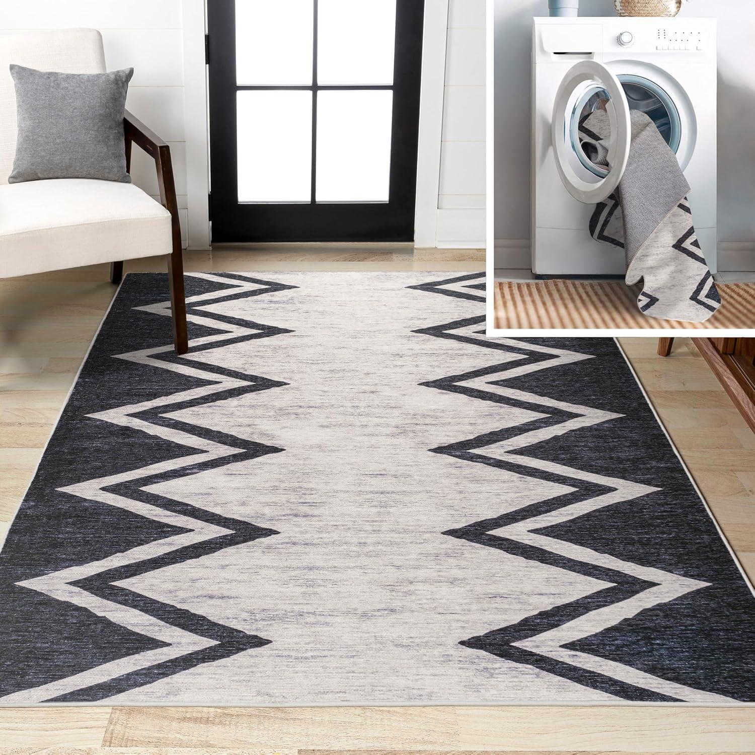 imageJONATHAN Y Machine Washable IvoryNavy Indoor Area Rug 8X10 ft Siksak Modern Chevron Border for Living Room Bedroom Kitchen Office EasyCleaning PetFriendly NonShedding WSH124A8IvoryNavy