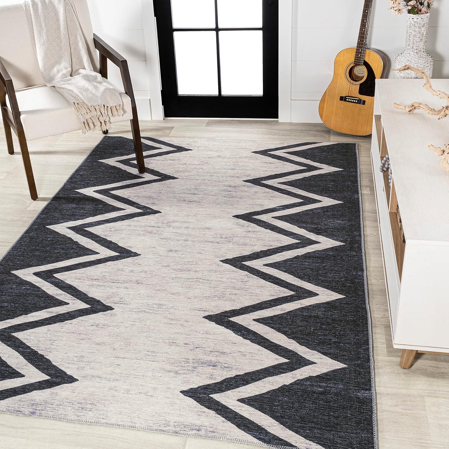 imageJONATHAN Y Machine Washable IvoryNavy Indoor Area Rug 8X10 ft Siksak Modern Chevron Border for Living Room Bedroom Kitchen Office EasyCleaning PetFriendly NonShedding WSH124A8IvoryNavy