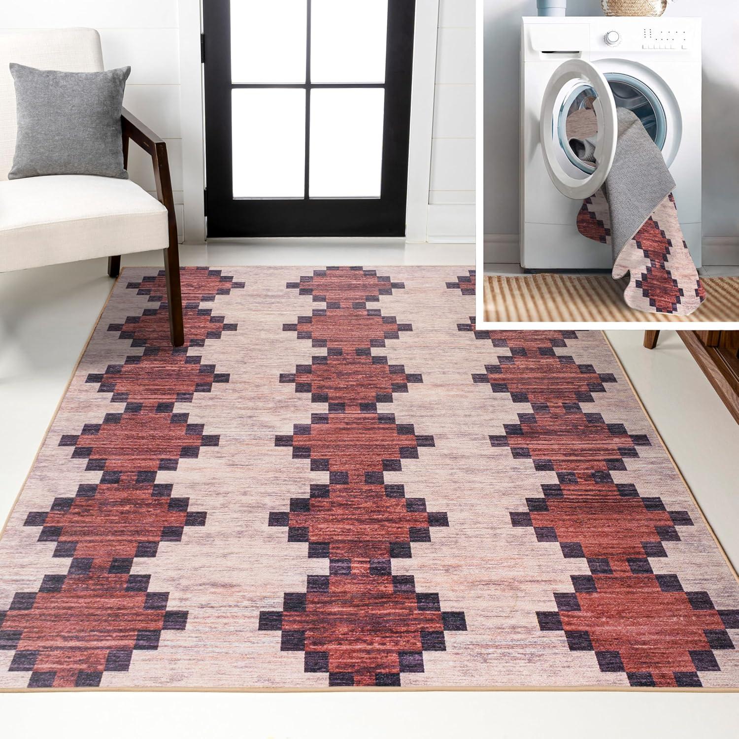 imageJONATHAN Y Machine Washable IvoryNavy Indoor Area Rug 8X10 ft Siksak Modern Chevron Border for Living Room Bedroom Kitchen Office EasyCleaning PetFriendly NonShedding WSH124A8RedIvory