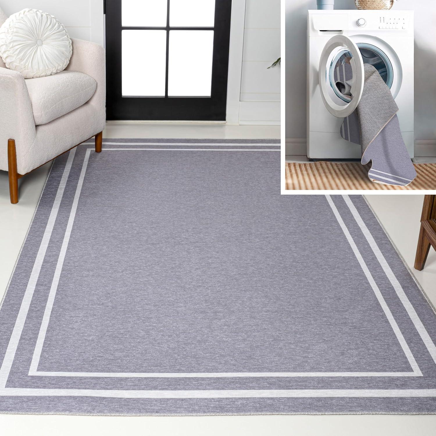 imageJONATHAN Y Machine Washable WhiteGray Indoor Area Rug 8X10 ft Sloane Classic 2Stripe Border for Living Room Bedroom Kitchen Office EasyCleaning PetFriendly NonShedding WSH125B8GrayCream