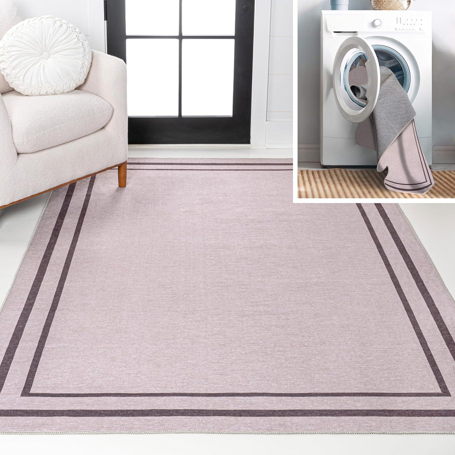 imageJONATHAN Y Machine Washable WhiteGray Indoor Area Rug 8X10 ft Sloane Classic 2Stripe Border for Living Room Bedroom Kitchen Office EasyCleaning PetFriendly NonShedding WSH125B8Light PurpleDark Purple