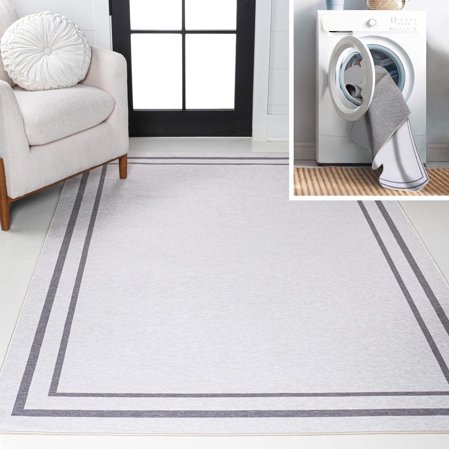 imageJONATHAN Y Machine Washable WhiteGray Indoor Area Rug 8X10 ft Sloane Classic 2Stripe Border for Living Room Bedroom Kitchen Office EasyCleaning PetFriendly NonShedding WSH125B8WhiteGray