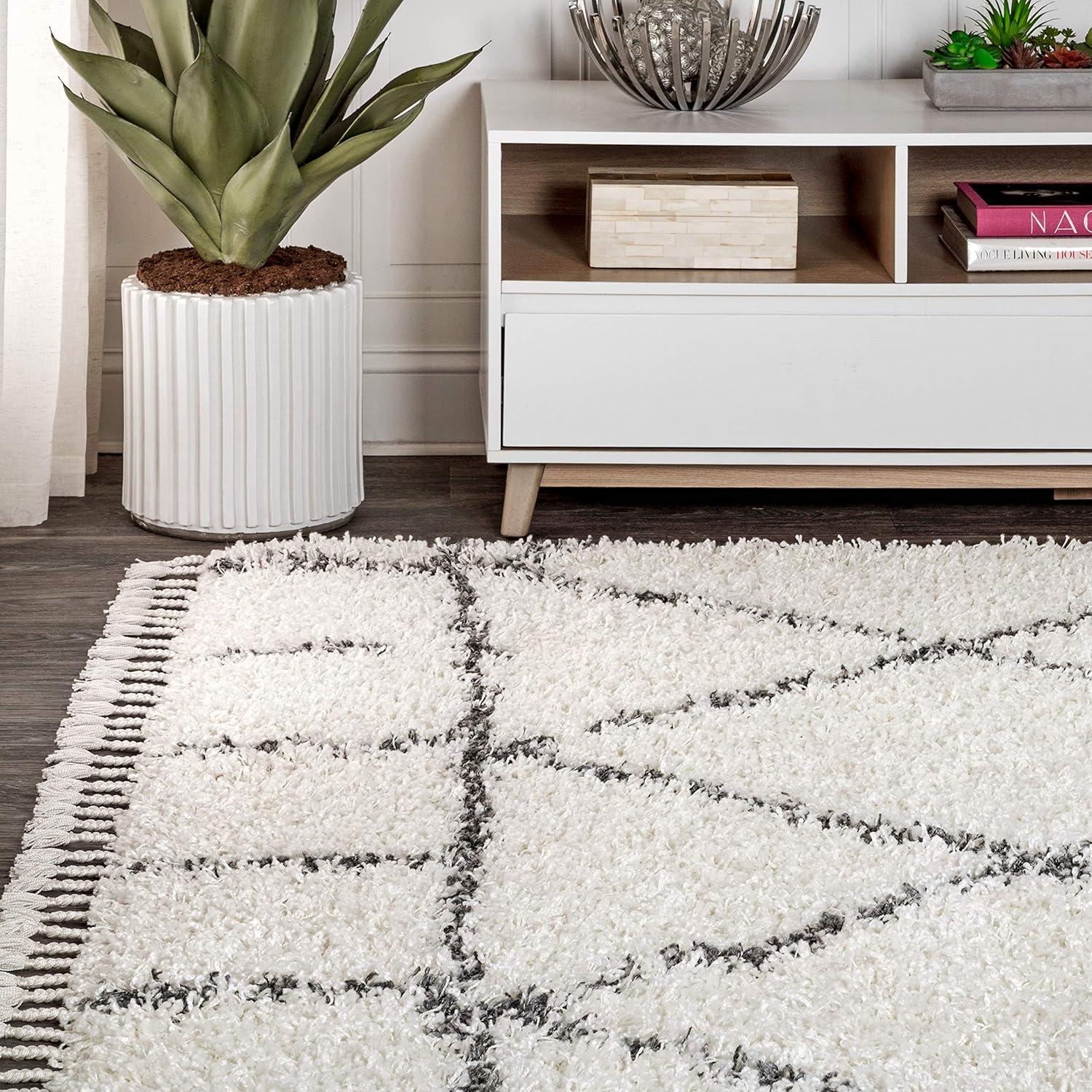 imageJONATHAN Y Mercer Shag Plush Tassel BlueCream Indoor Area Rug 8x10 Moroccan Geometric Trellis EasyCleaning for Living Room Bedroom Kitchen Pet Friendly NonShedding MCR101A8IvoryGrey