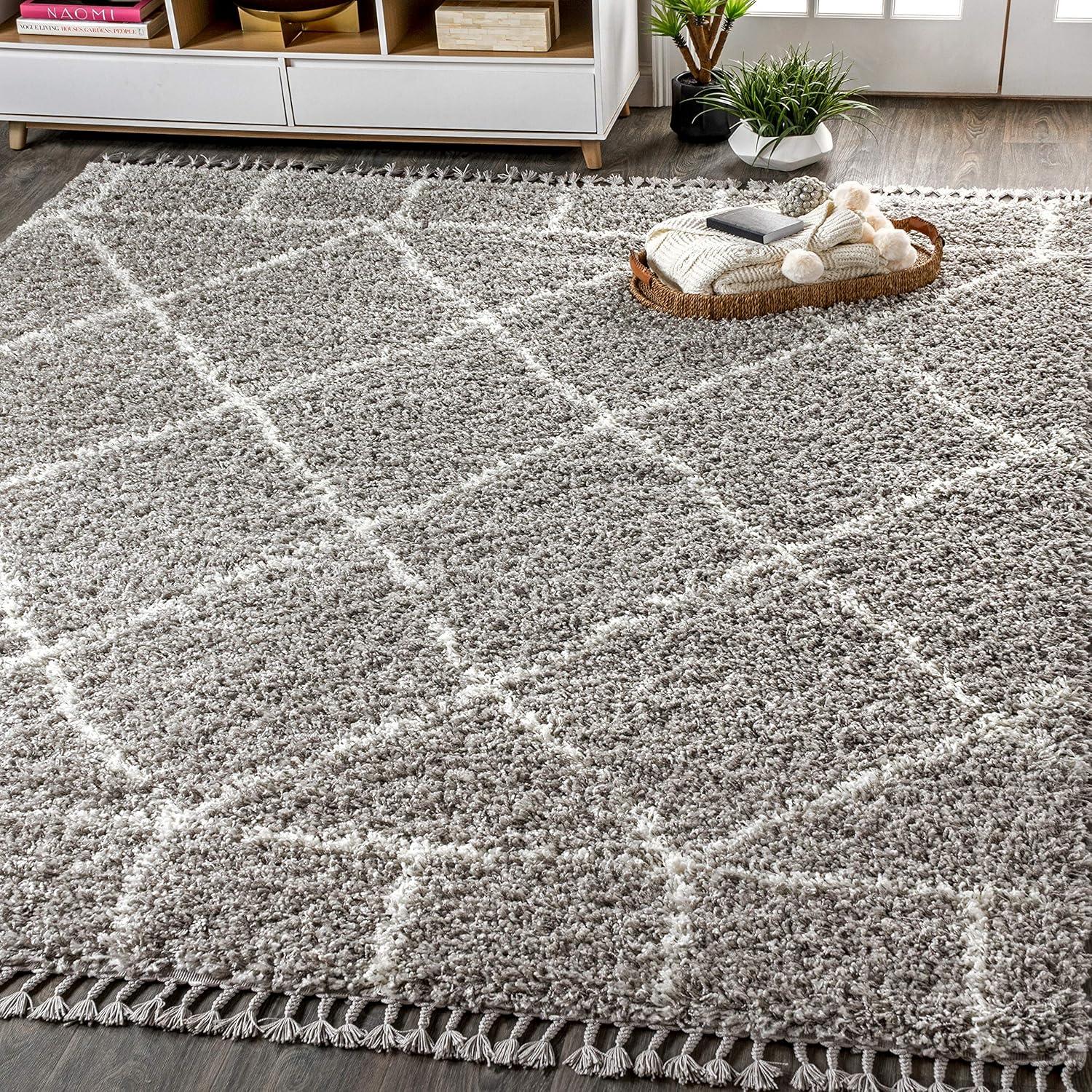 imageJONATHAN Y Mercer Shag Plush Tassel BlueCream Indoor Area Rug 8x10 Moroccan Geometric Trellis EasyCleaning for Living Room Bedroom Kitchen Pet Friendly NonShedding MCR101A8GreyIvory