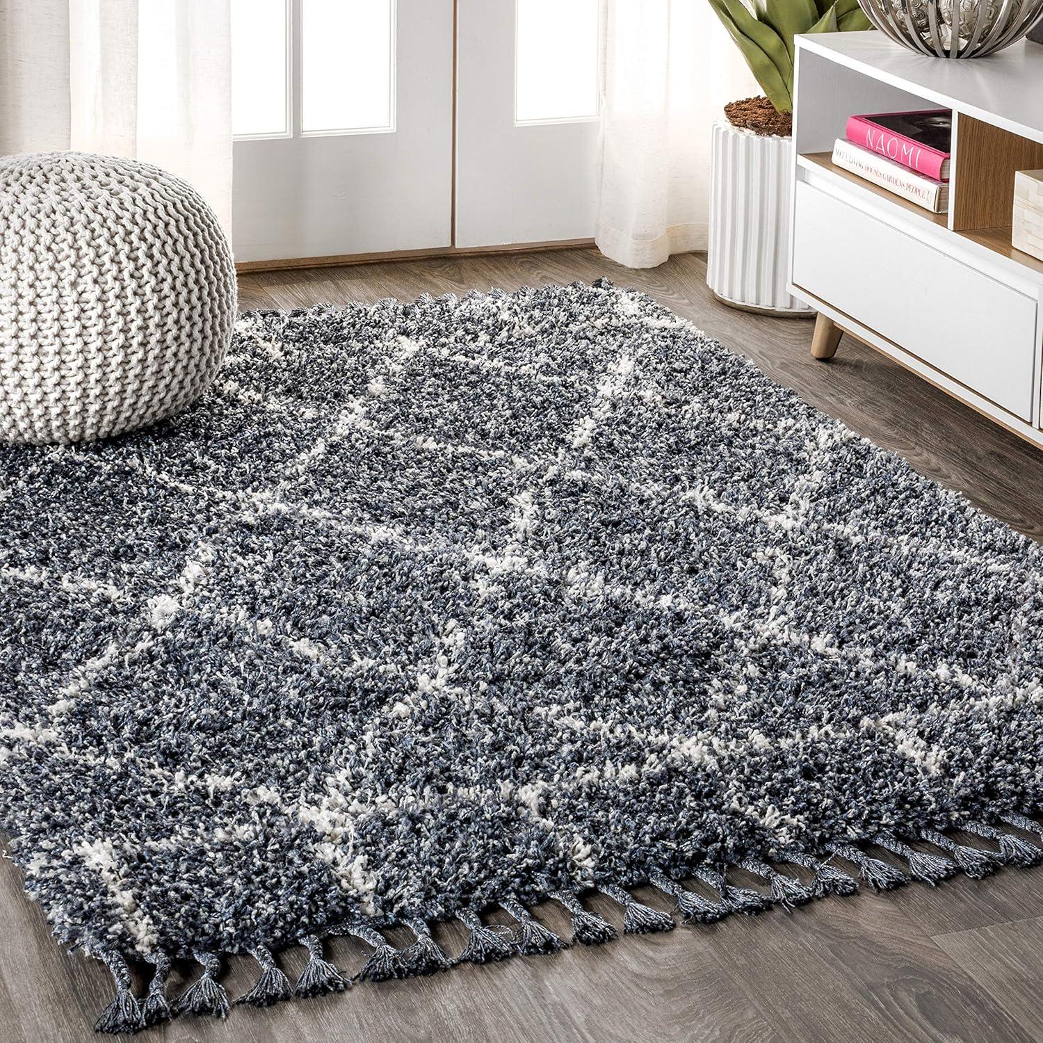 imageJONATHAN Y Mercer Shag Plush Tassel BlueCream Indoor Area Rug 8x10 Moroccan Geometric Trellis EasyCleaning for Living Room Bedroom Kitchen Pet Friendly NonShedding MCR101A8BlueCream