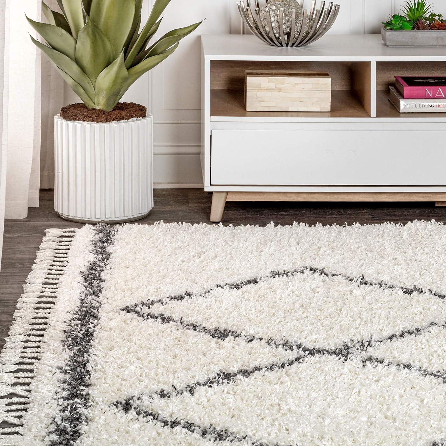 imageJONATHAN Y Mercer Shag Plush Tassel Denim BlueCream Runner Rug 2x8 Moroccan Geometric Trellis Bohemian EasyCleaning for Living Room Bedroom Kitchen NonShedding MCR103A28Cream grey With Tassel