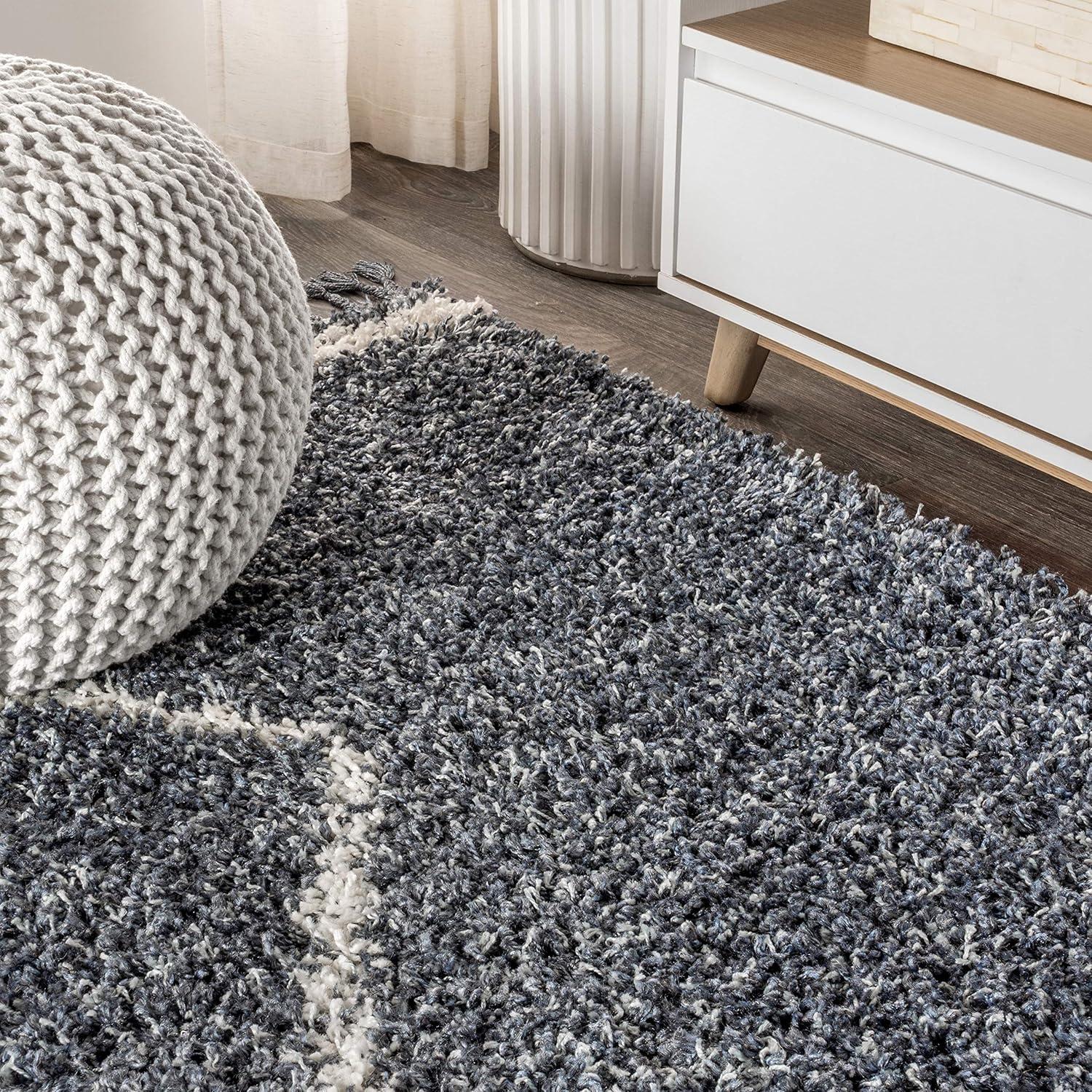 imageJONATHAN Y Mercer Shag Plush Tassel Denim BlueCream Runner Rug 2x8 Moroccan Geometric Trellis Bohemian EasyCleaning for Living Room Bedroom Kitchen NonShedding MCR103A28Denim Blue cream With Tassel