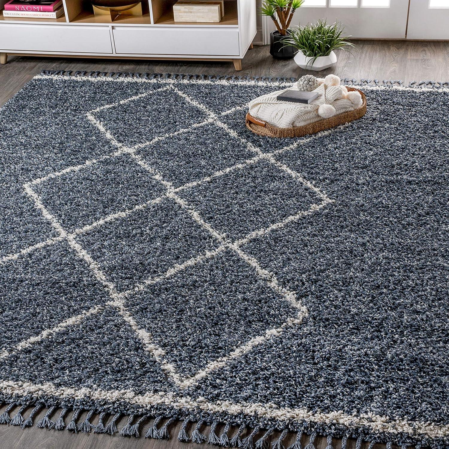 imageJONATHAN Y Mercer Shag Plush Tassel Denim BlueCream Runner Rug 2x8 Moroccan Geometric Trellis Bohemian EasyCleaning for Living Room Bedroom Kitchen NonShedding MCR103A28Denim Blue cream With Tassel