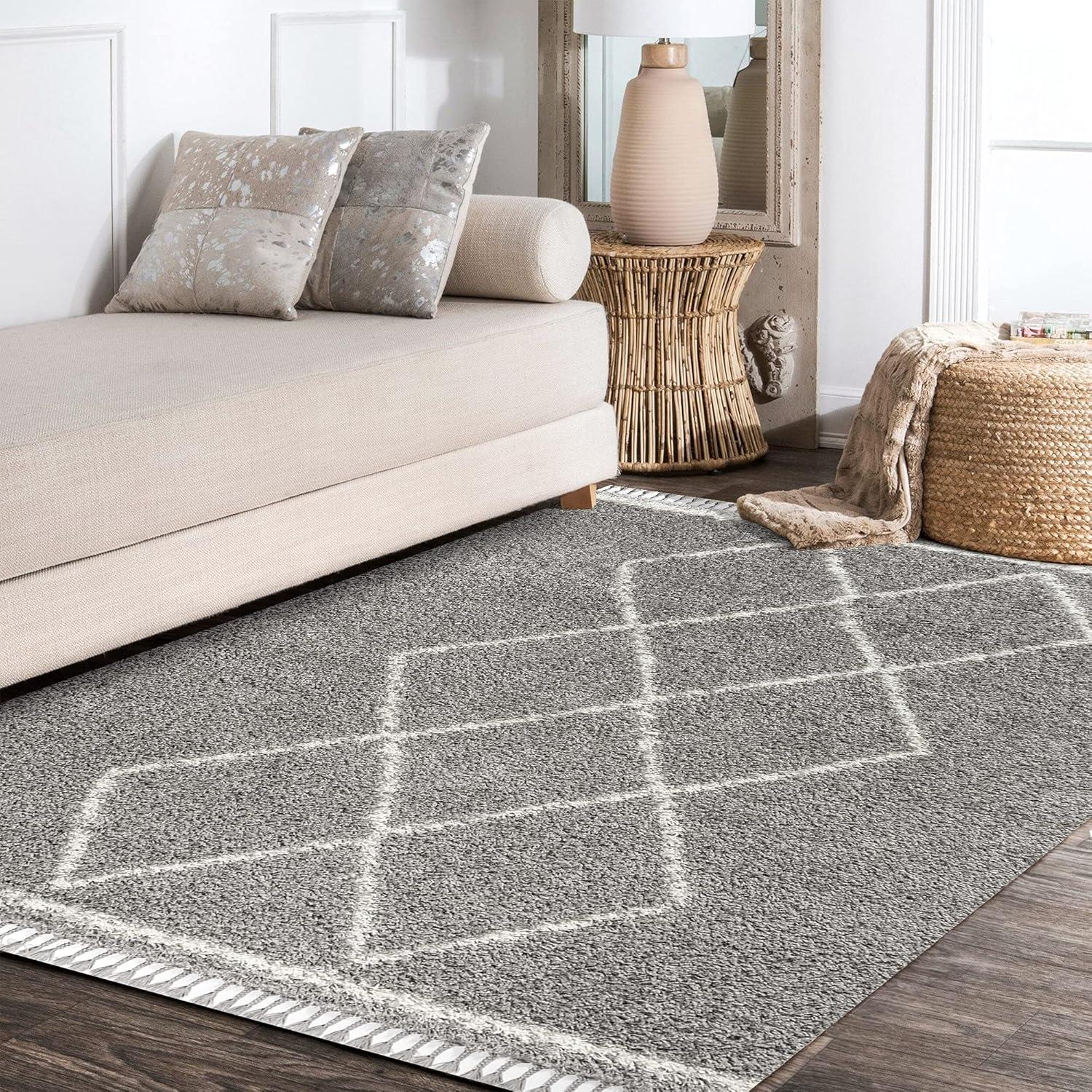 imageJONATHAN Y Mercer Shag Plush Tassel Denim BlueCream Runner Rug 2x8 Moroccan Geometric Trellis Bohemian EasyCleaning for Living Room Bedroom Kitchen NonShedding MCR103A28Grey cream With Tassel
