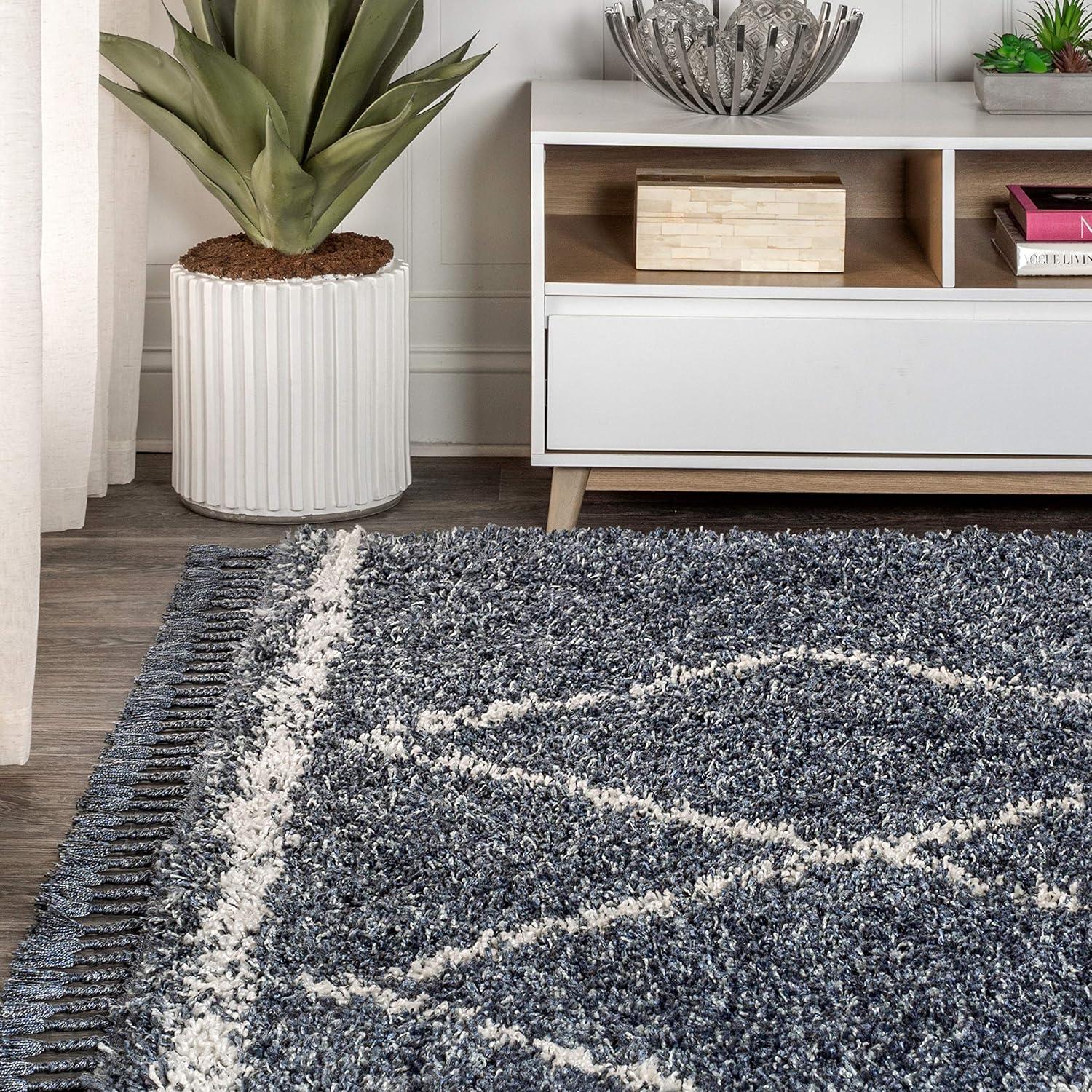 imageJONATHAN Y Mercer Shag Plush Tassel Denim BlueCream Runner Rug 2x8 Moroccan Geometric Trellis Bohemian EasyCleaning for Living Room Bedroom Kitchen NonShedding MCR103A28Denim Blue cream With Tassel