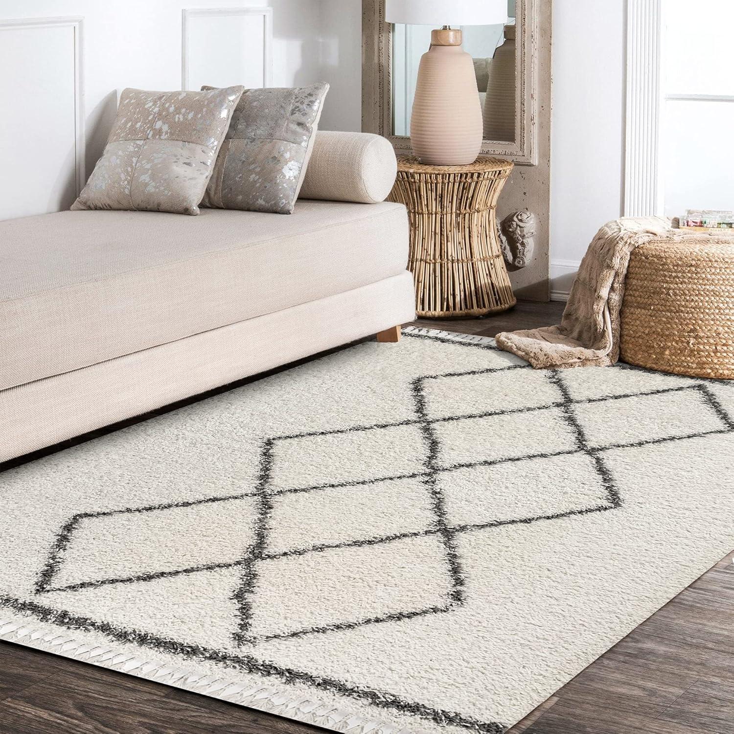 imageJONATHAN Y Mercer Shag Plush Tassel Denim BlueCream Runner Rug 2x8 Moroccan Geometric Trellis Bohemian EasyCleaning for Living Room Bedroom Kitchen NonShedding MCR103A28Cream grey With Tassel