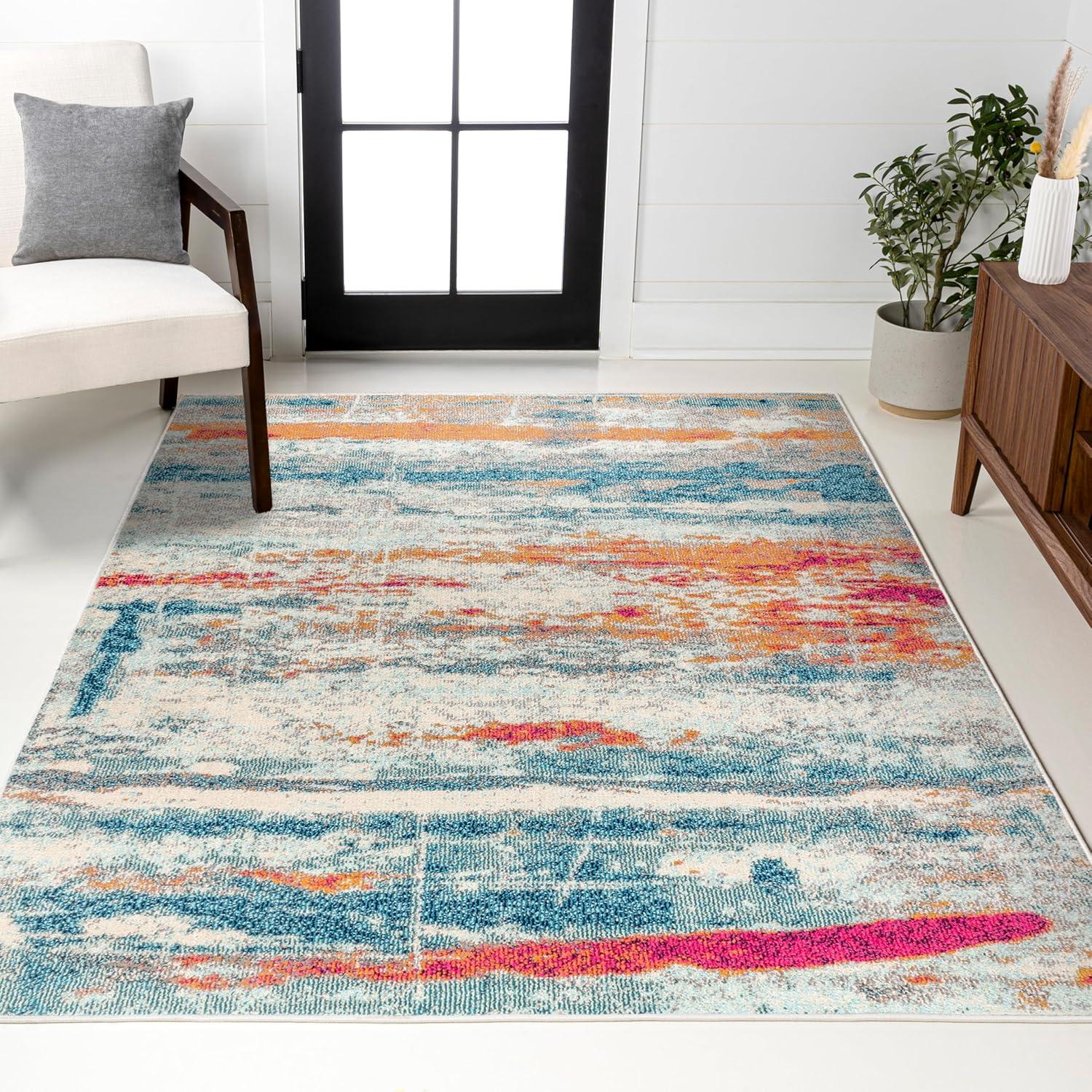 imageJONATHAN Y Modern Abstract Brushstroke CreamBlue Indoor Area Rug 5x8 Contemporary POP Transitional EasyCleaning for Living Room Bedroom Kitchen Pet Friendly NonShedding CTP102C5CreamBlue